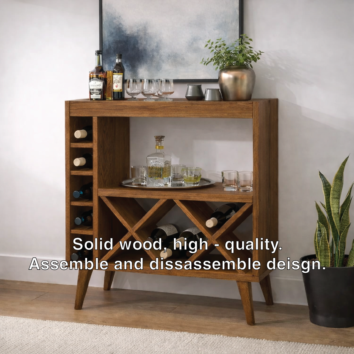 Solid Wood Wine Cabinet with X Rack and Open Shelf Storage