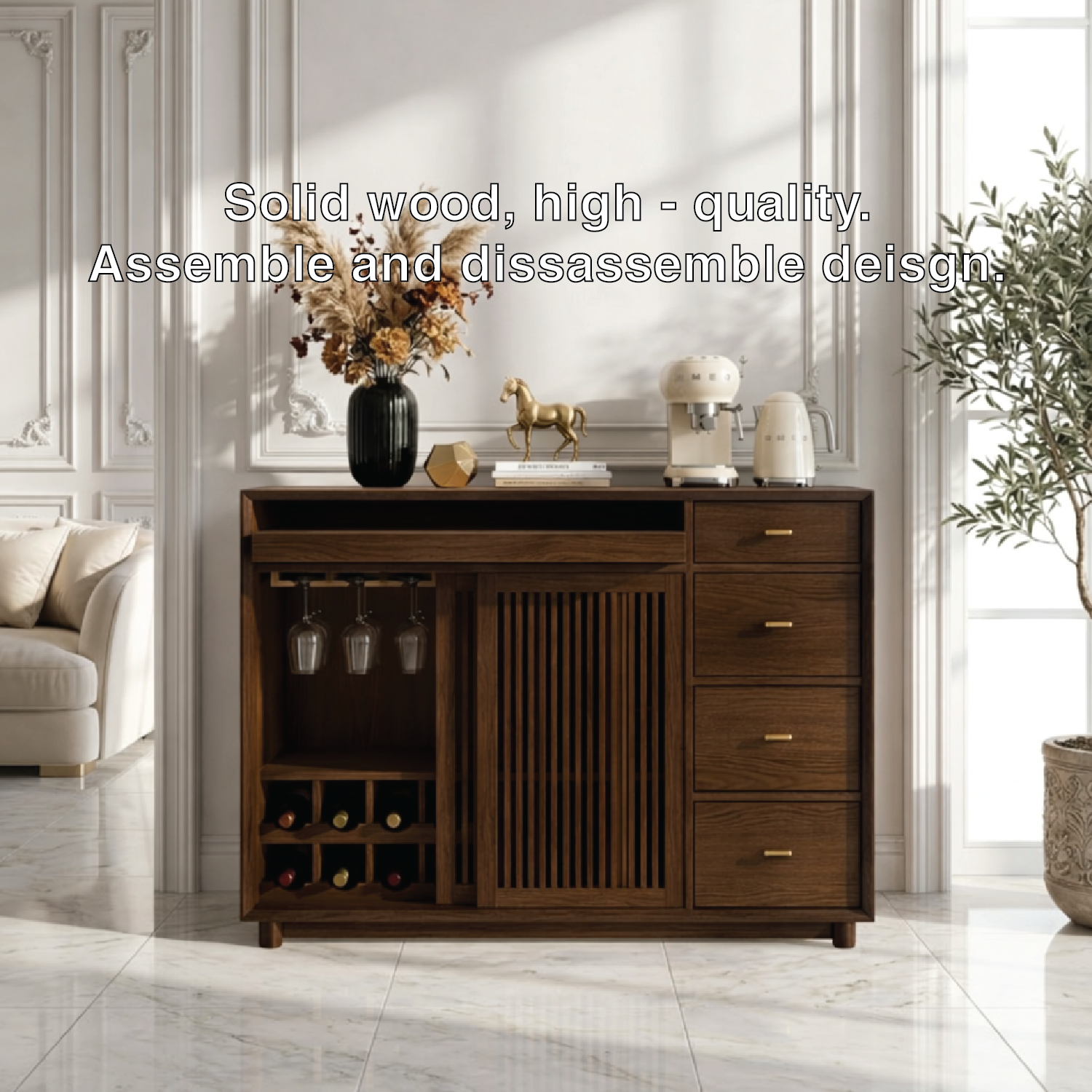 Contemporary Wooden Bar Cabinet, Coffee Station Sideboard with Wine Storage Drawers