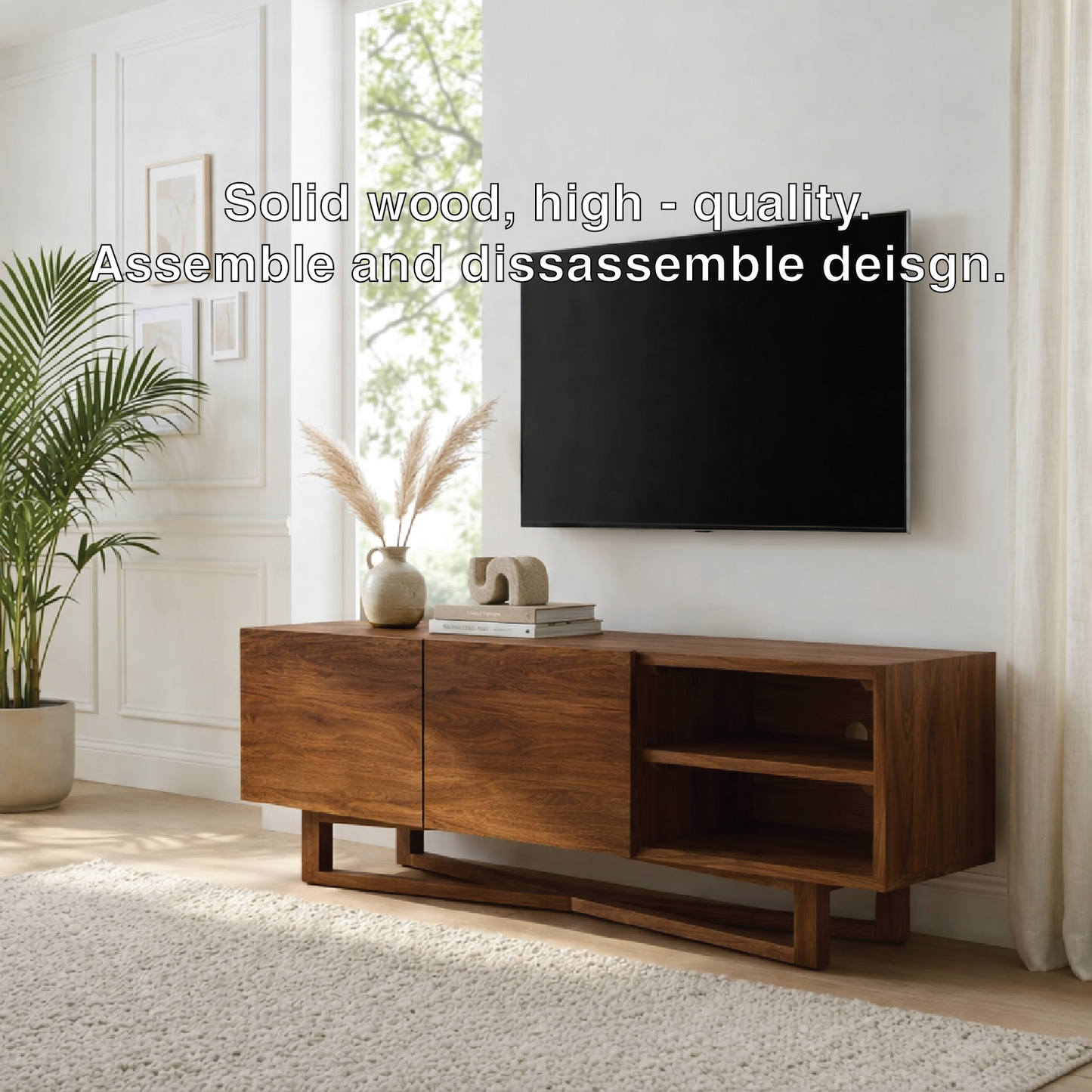 Solid Wood TV Stand with Shelves, Minimalist Entertainment Media Console Cabinet