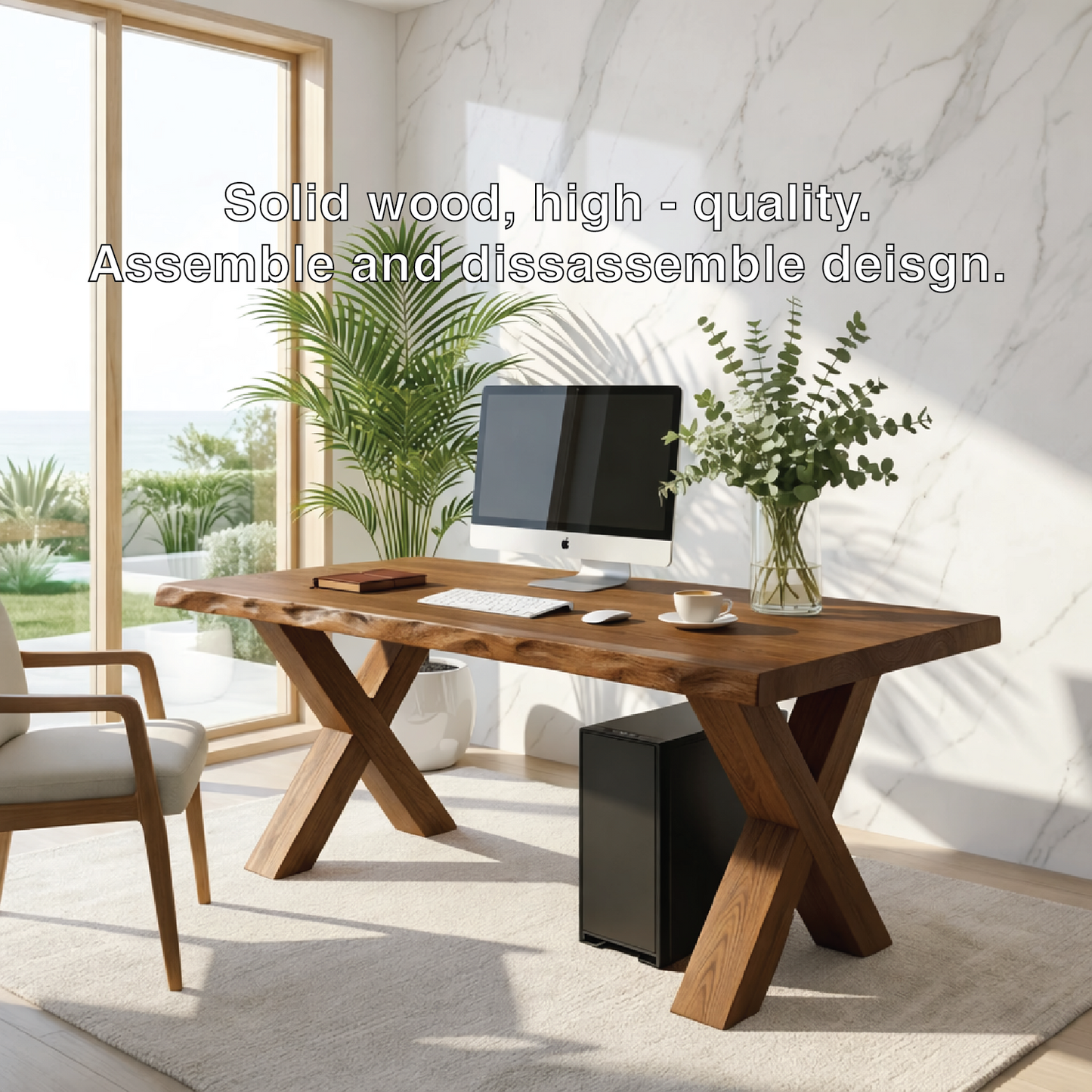 Live Edge X-Leg Desk Solid Wood Office Desk Modern Writing Desk Natural Wood Workspace