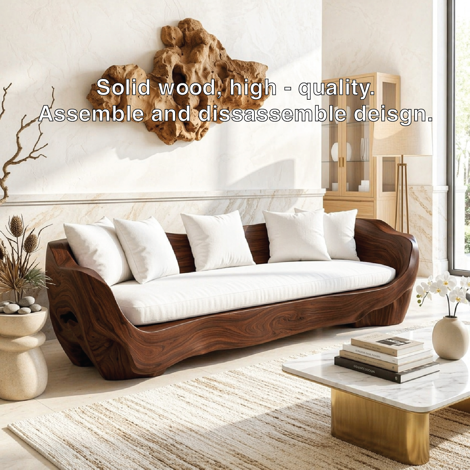 Organic Curved Wooden Sofa, Sculptural Statement Couch with Plush White Cushions
