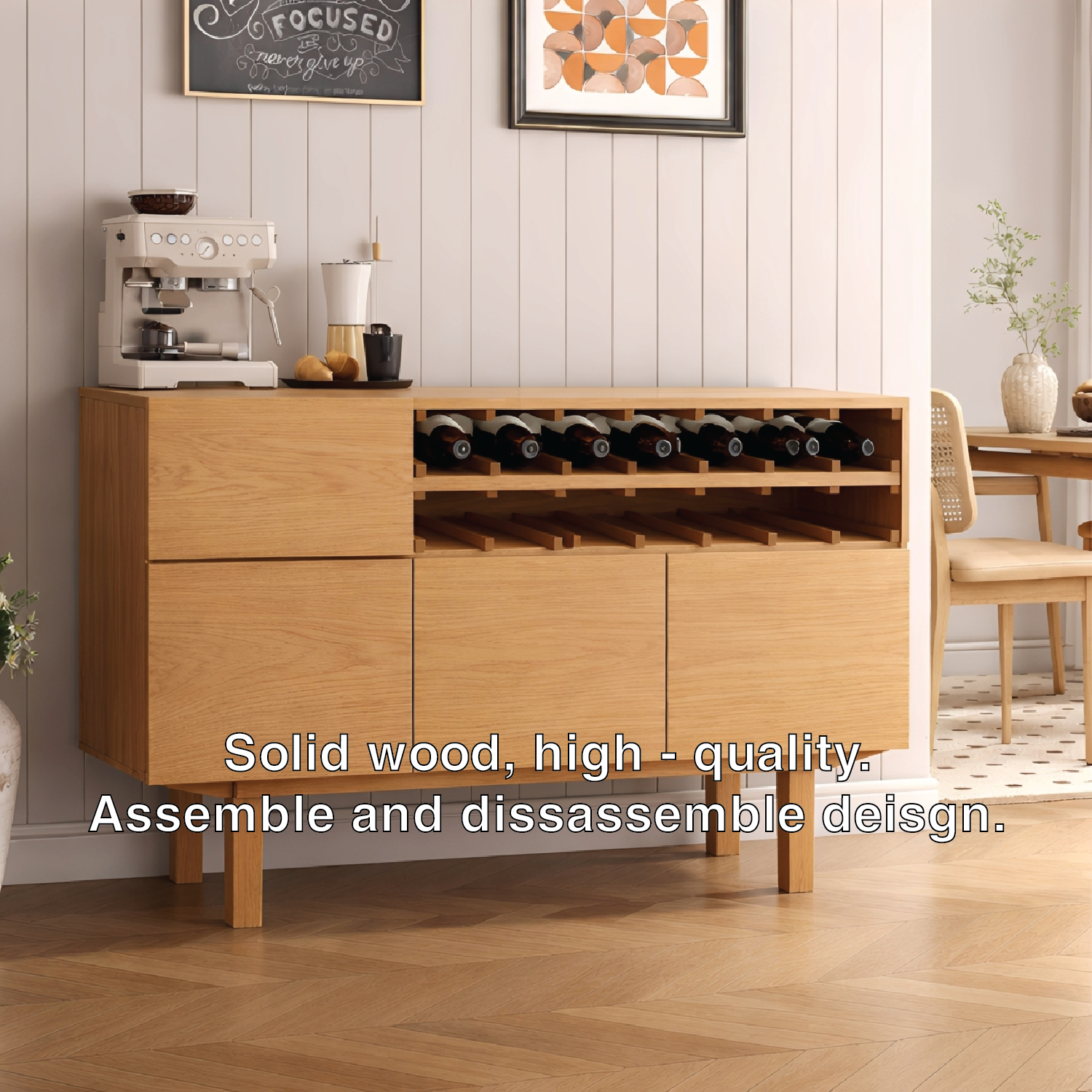 Handcrafted Solid Oak Wine Cabinet Mid Century Bar Sideboard with Bottle Rack Storage