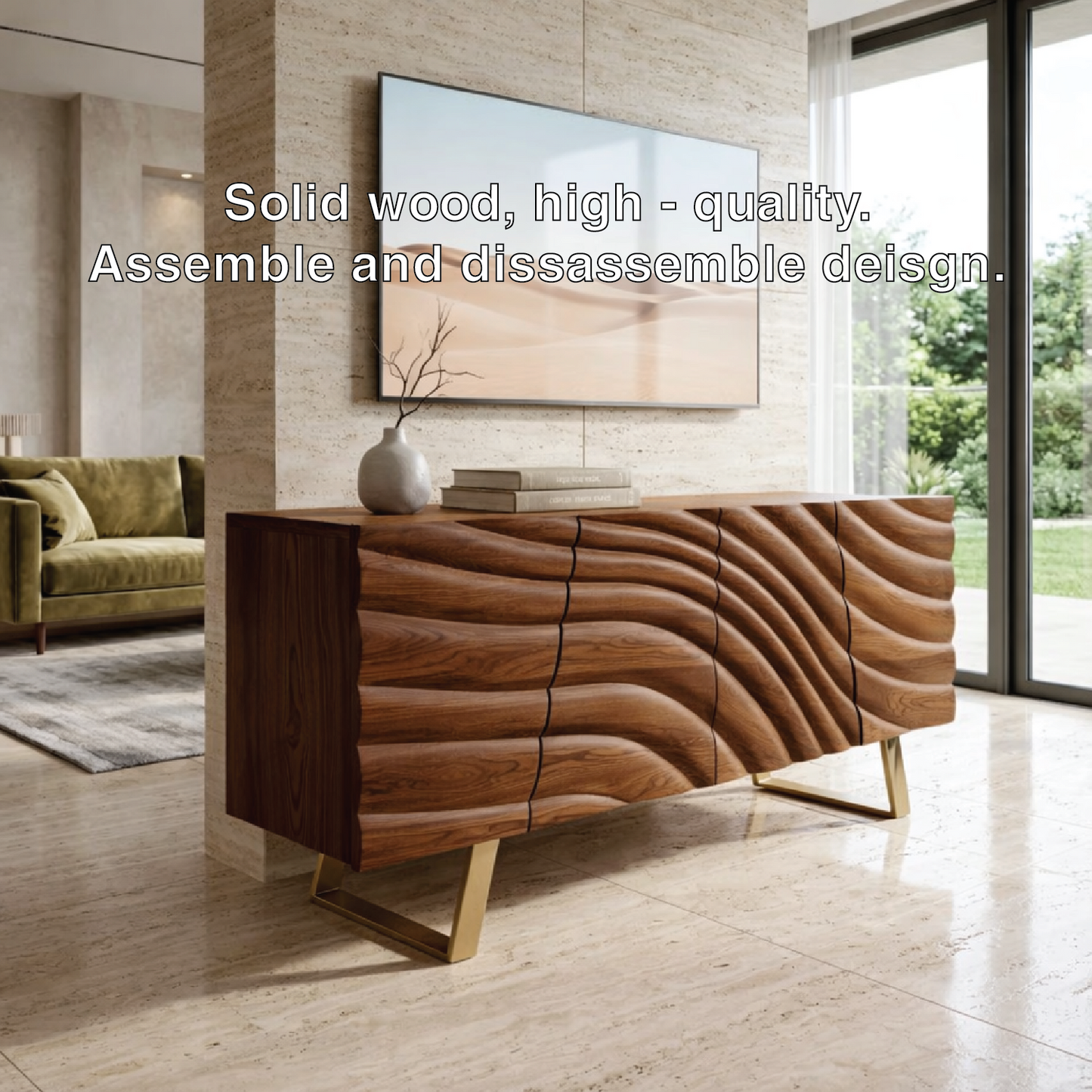 Solid Wood TV Stand with Sculpted Doors, Modern Media Console for Living Room