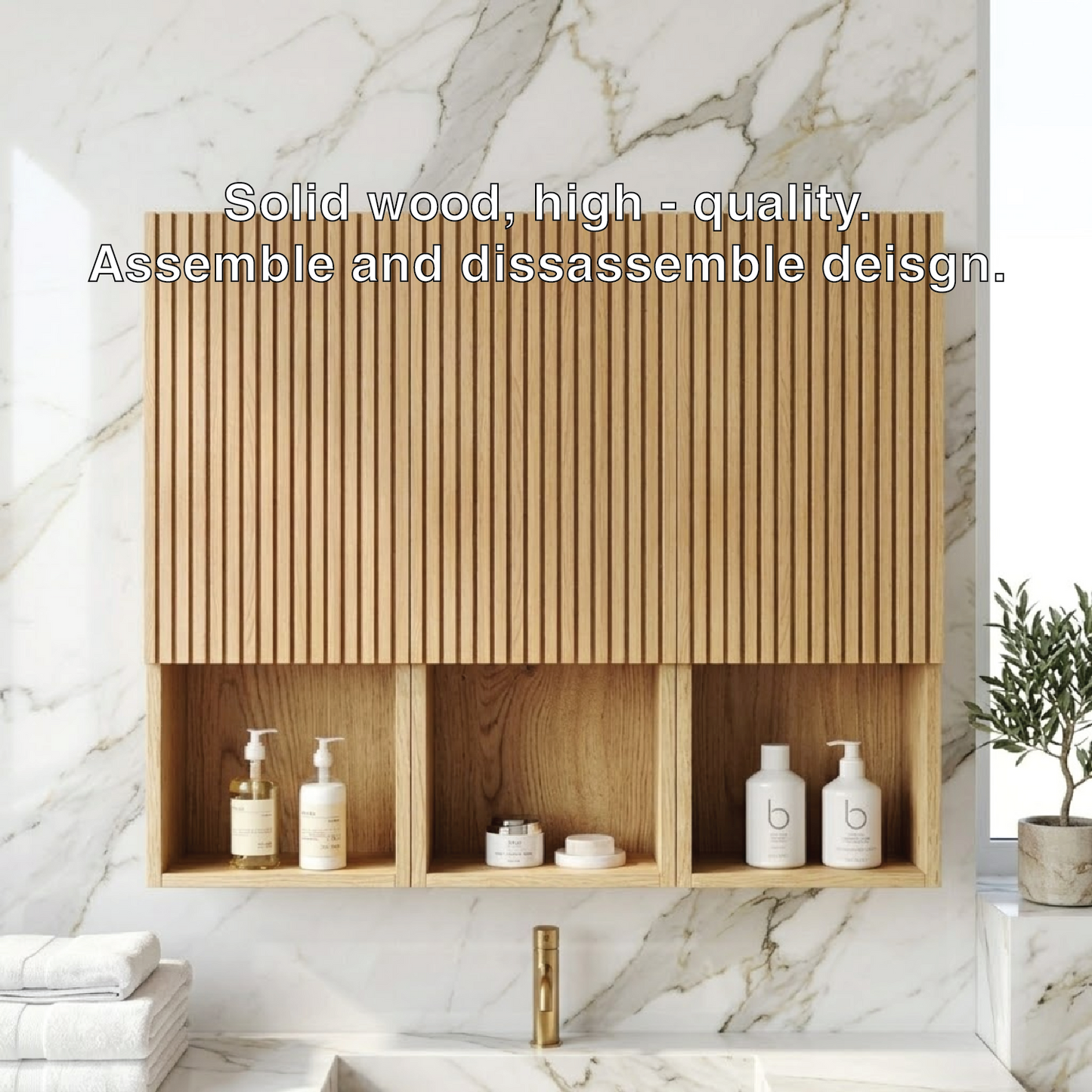 Floating Bathroom Cabinet, Modern Slatted Wall Mounted Vanity Storage Organizer Unit