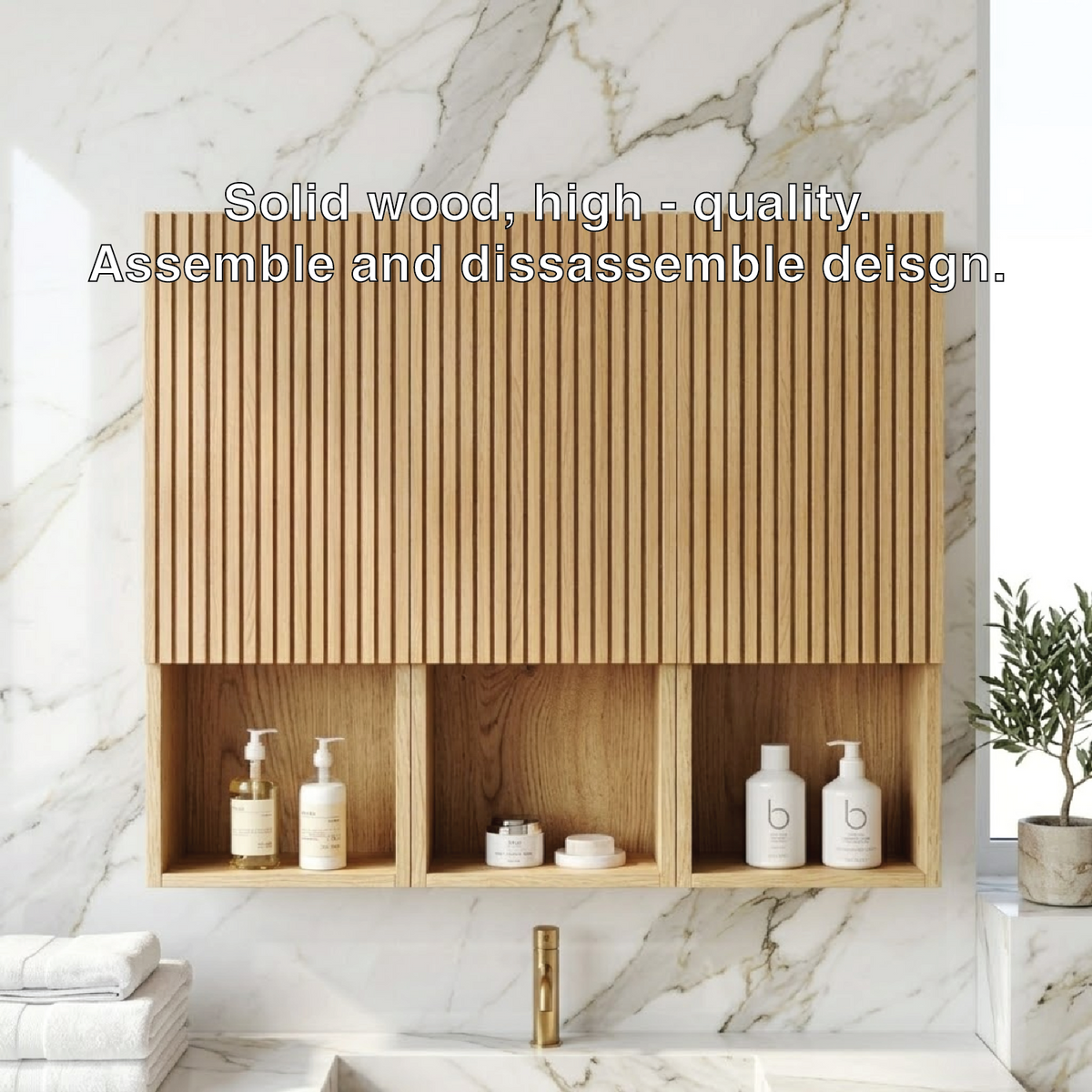 Floating Bathroom Cabinet, Modern Slatted Wall Mounted Vanity Storage Organizer Unit