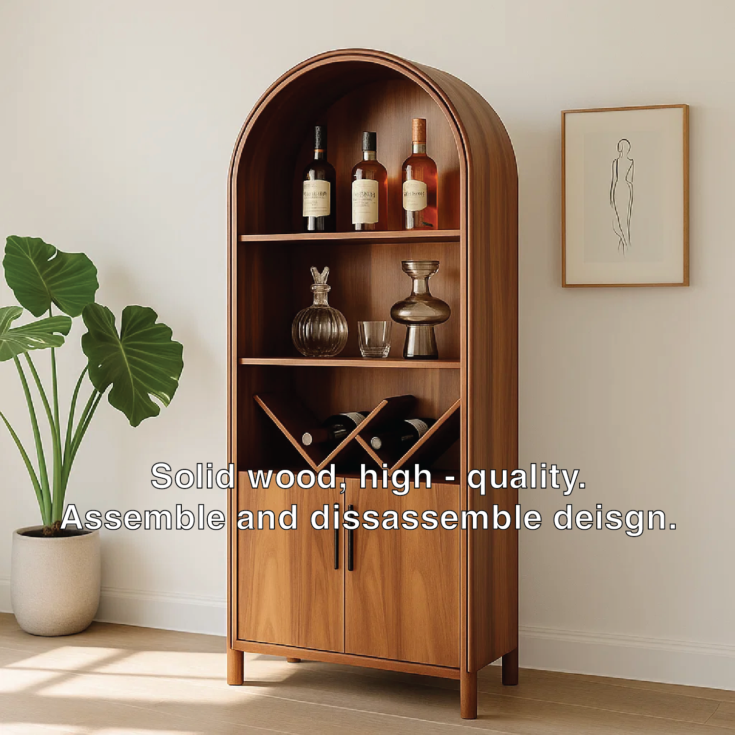 Handcrafted Solid Wood Wine Cabinet Arched Display Shelf Mid Century Modern Bar Storage Furniture