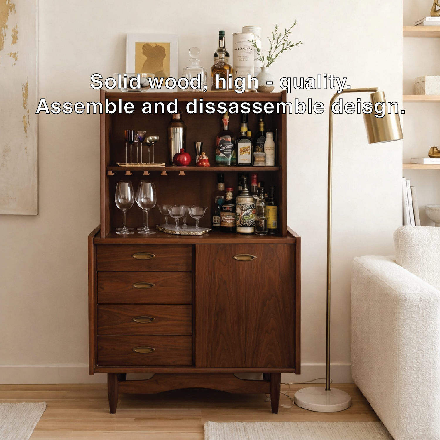 Contemporary Wooden Bar Cabinet with Drawers, Entertaining Storage and Display Shelf
