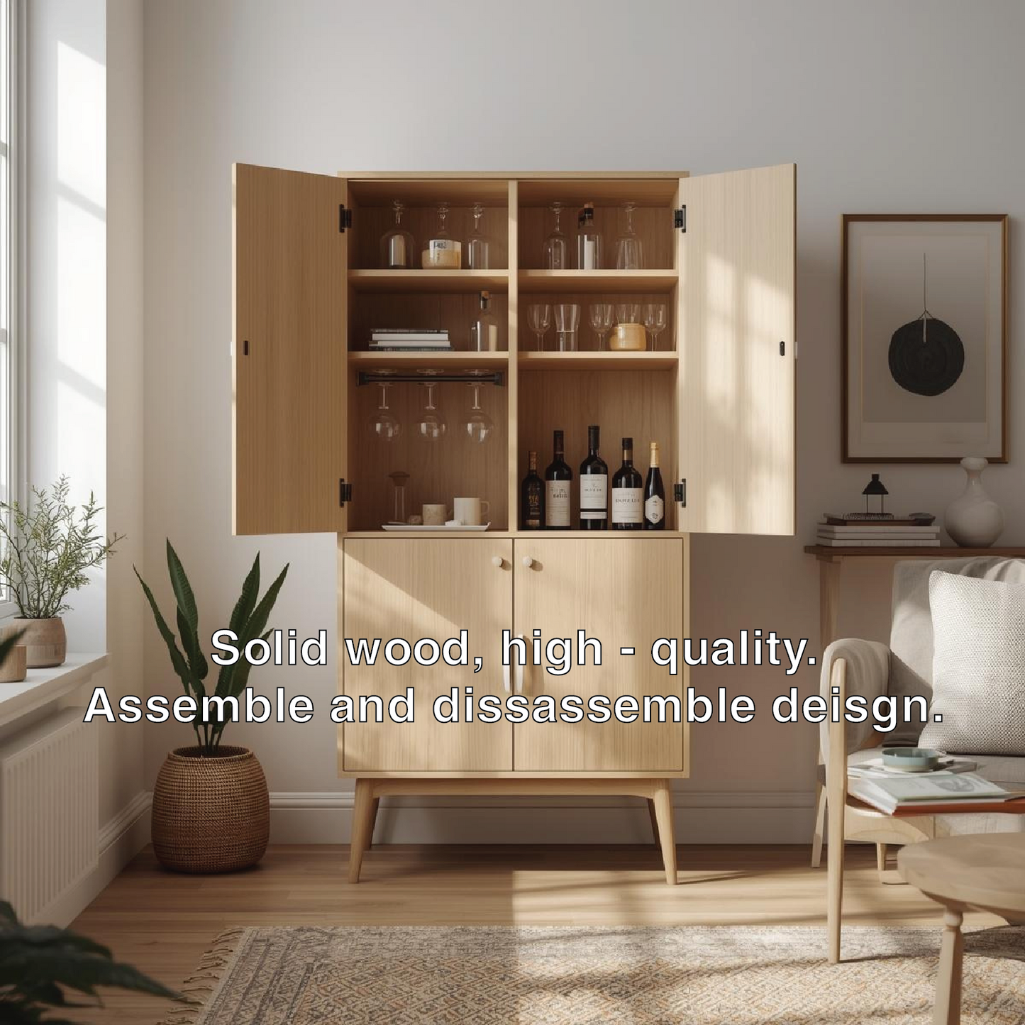 Handcrafted Solid Wood Wine Cabinet Scandinavian Style Bar Storage with Glass Rack