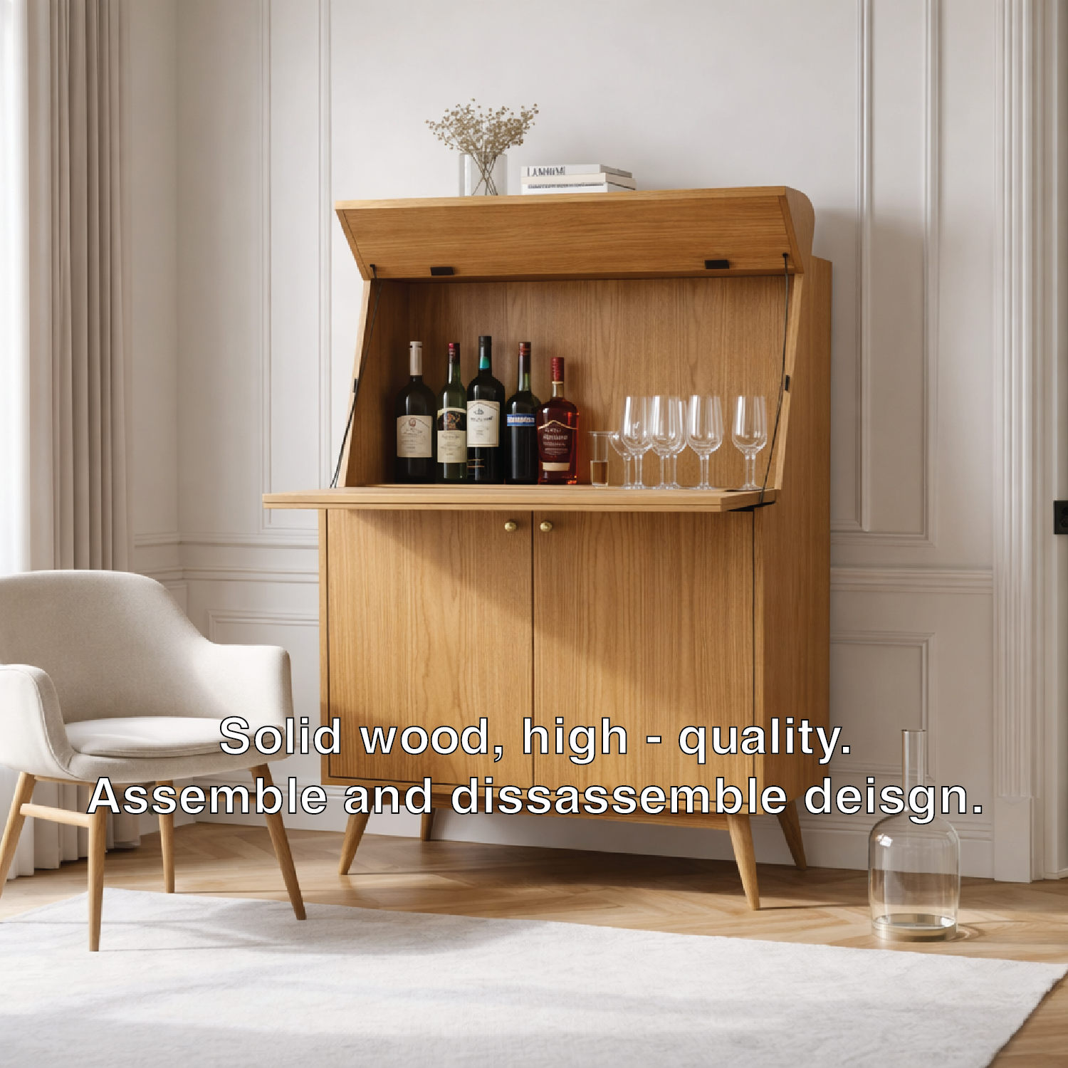 Handcrafted Solid Wood Wine Cabinet with Drop Down Bar and Storage