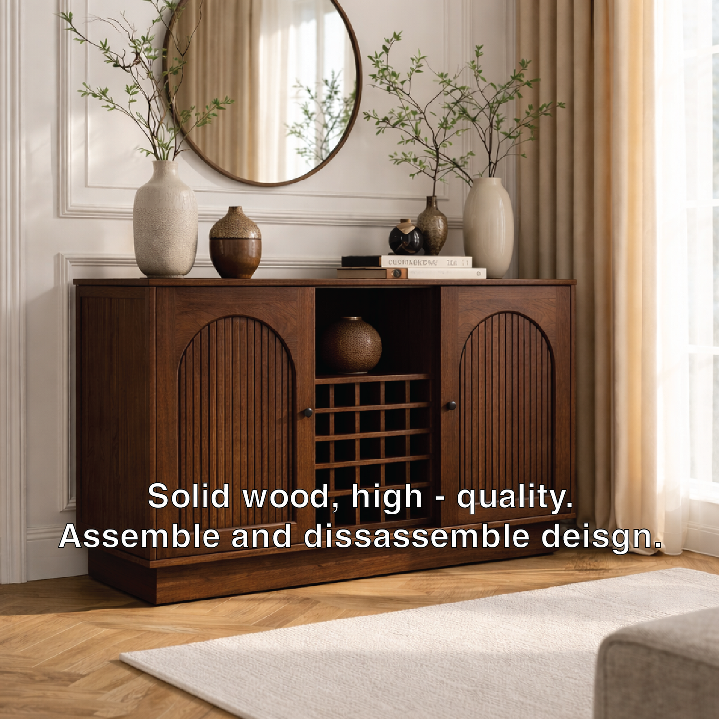 Arched Slatted Wood Wine Cabinet with Bottle Rack Modern Bar Storage