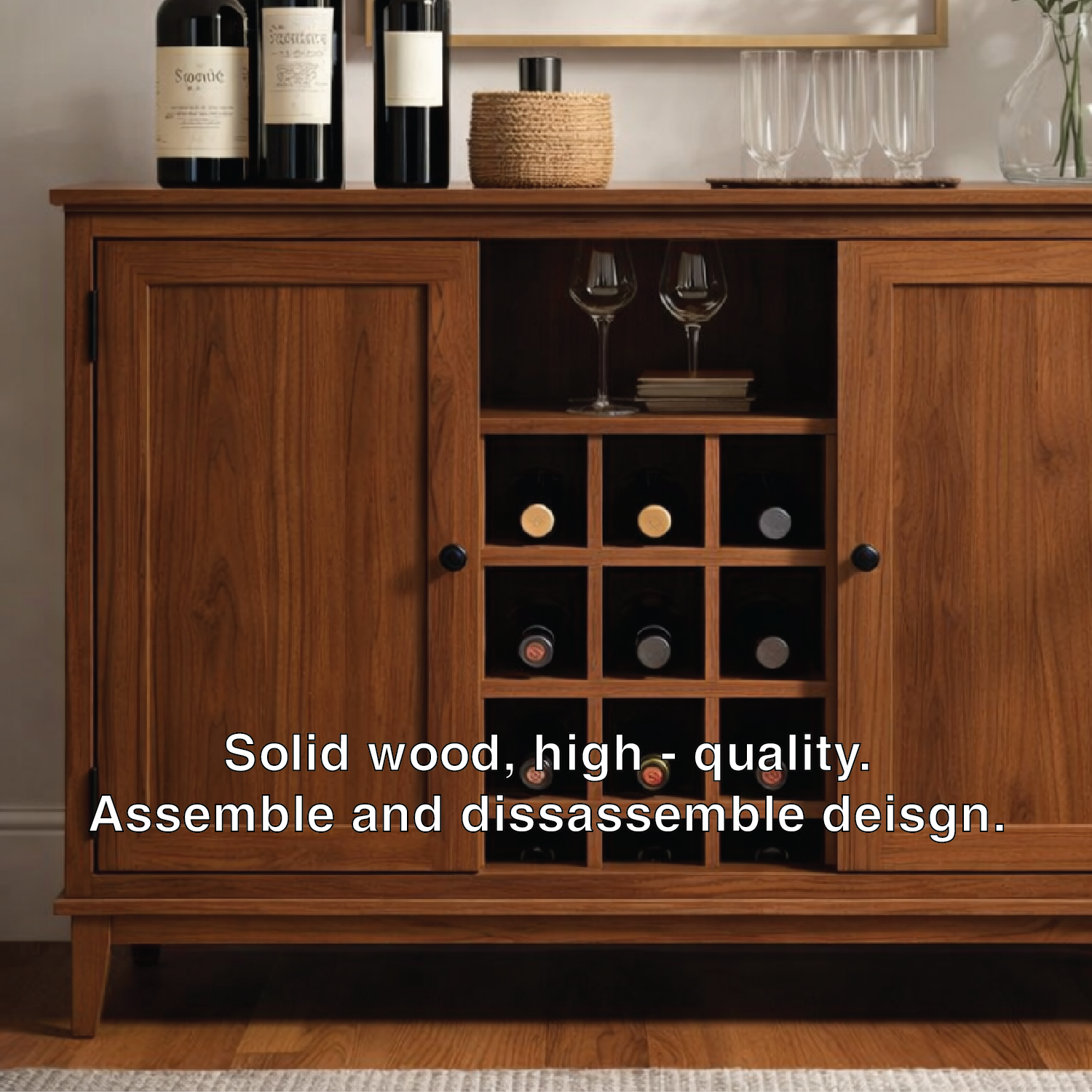Handcrafted Solid Wood Wine Cabinet Storage Sideboard with Glass Holder Modern Home Bar