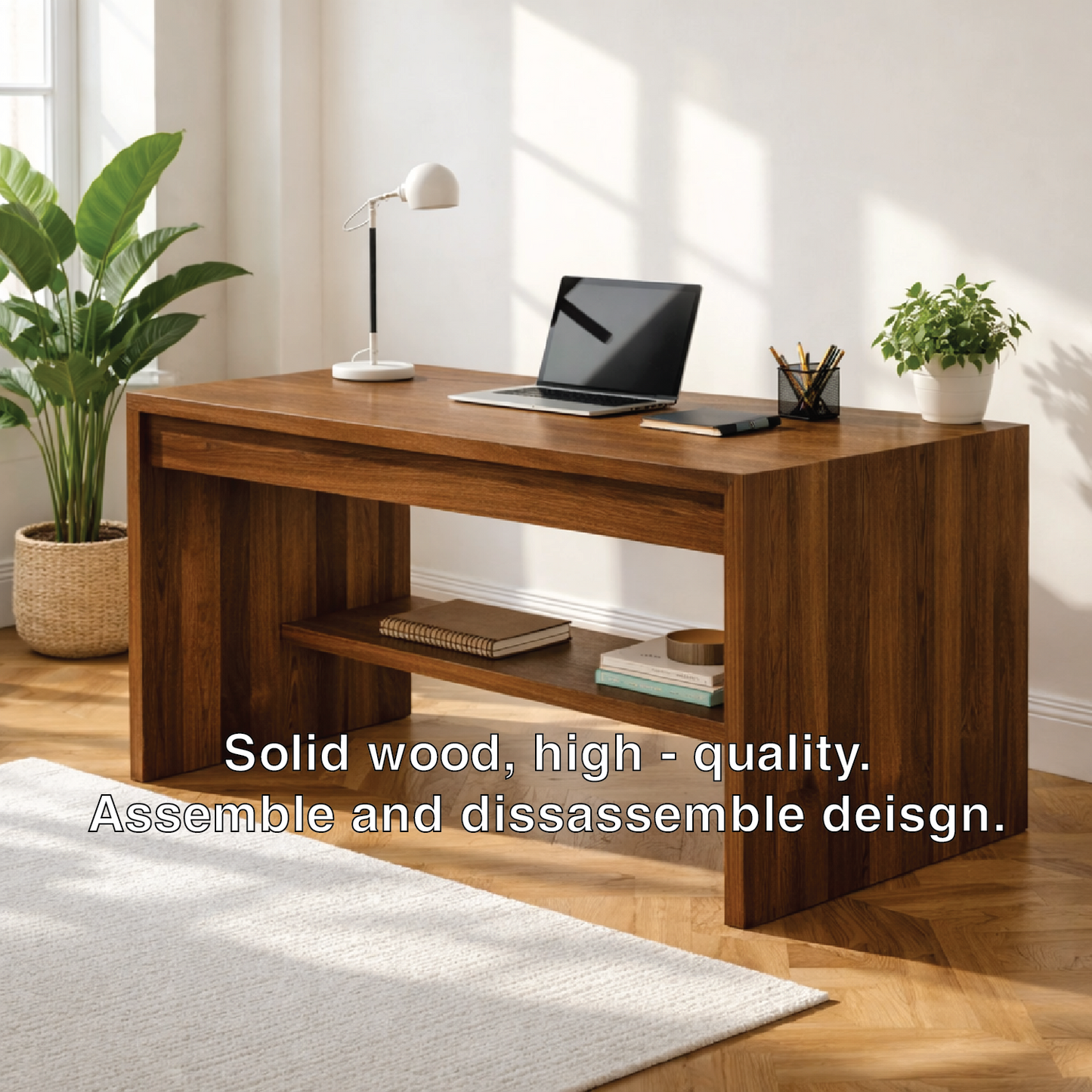 Solid Oak Work Desk with Open Shelf, Handmade Modern Wooden Writing Table