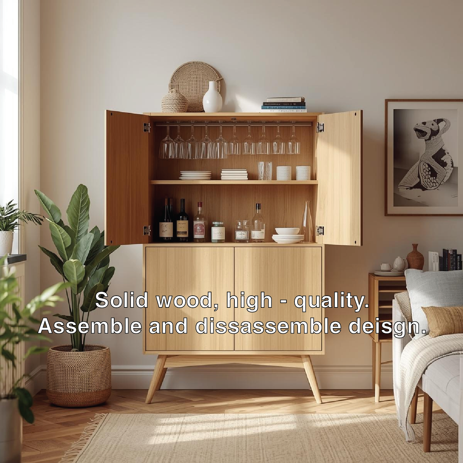 Handcrafted Solid Wood Wine Cabinet Scandinavian Bar Storage with Glass Rack Home Furniture