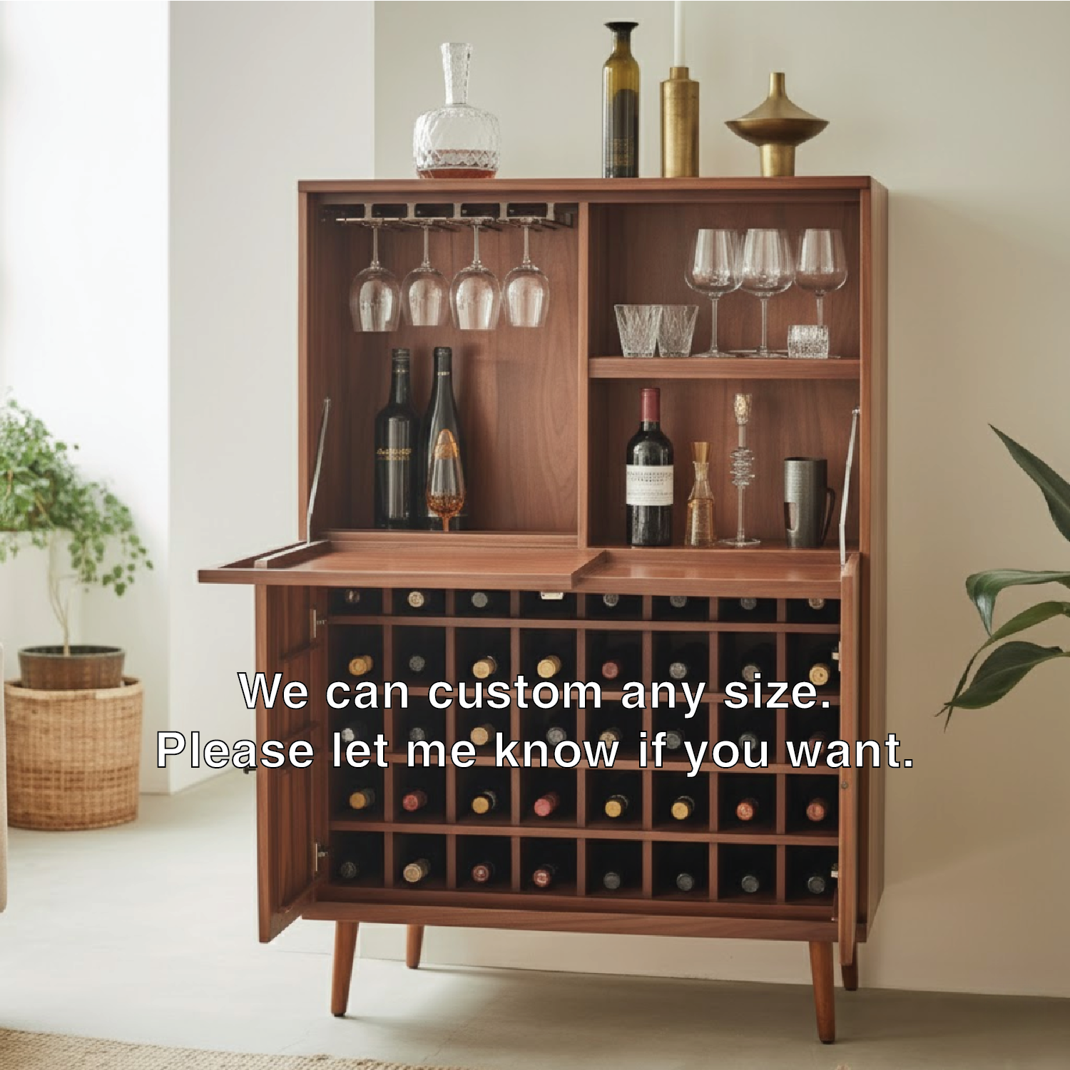 Handcrafted Solid Wood Wine Cabinet Mid Century Modern Bar Storage with Glass Holder Home Furniture