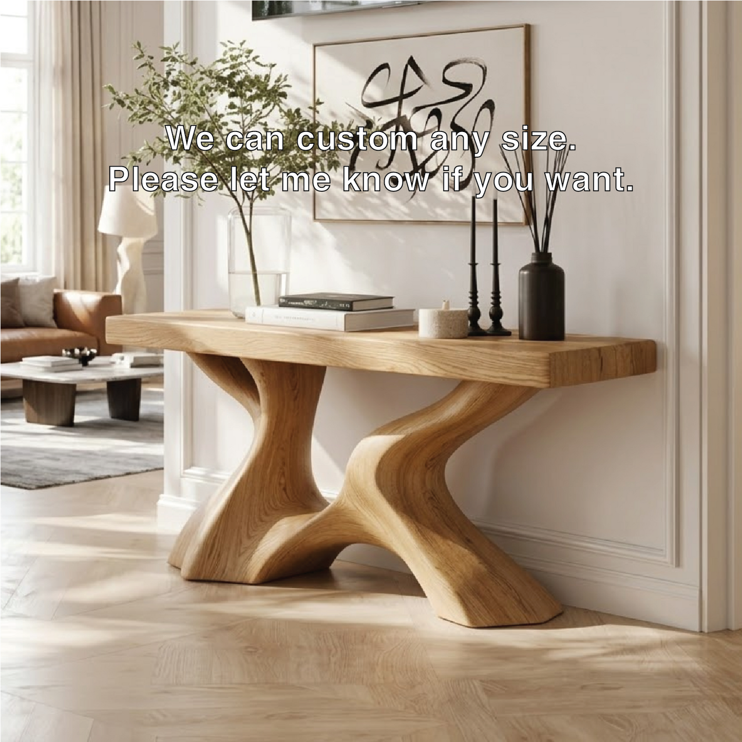 Solid Wood Console Table with Sculpted Curved Base, Modern Organic Design