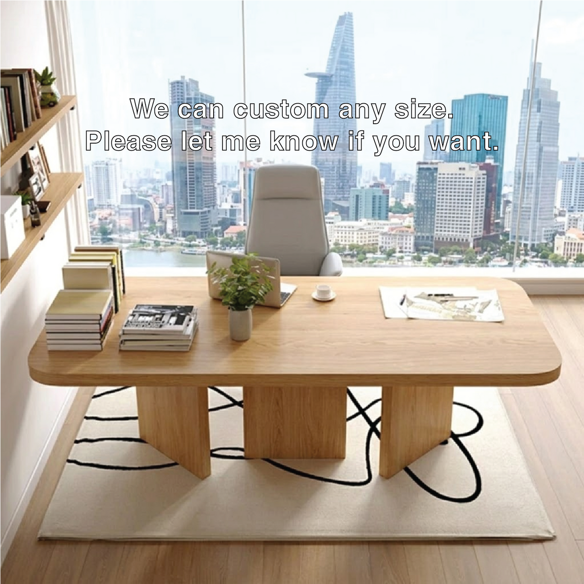Modern Executive Desk with Rounded Corners, Large Minimalist Office Writing Table