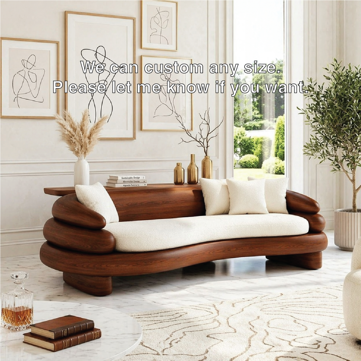 Organic Modern Wooden Sofa, Sculptural Curved Statement Couch with Cream Cushions