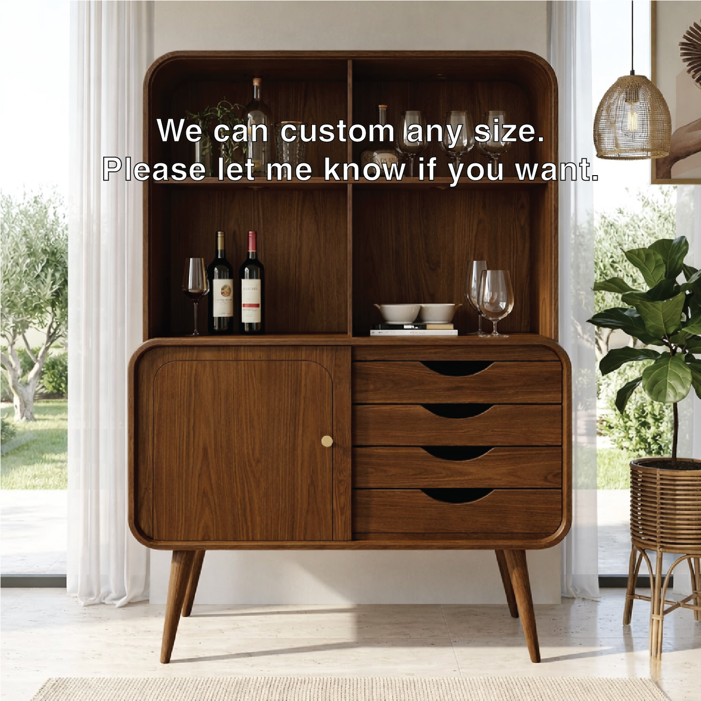 Modern Wine Cabinet with Open Shelves, Drawers and Concealed Storage Door