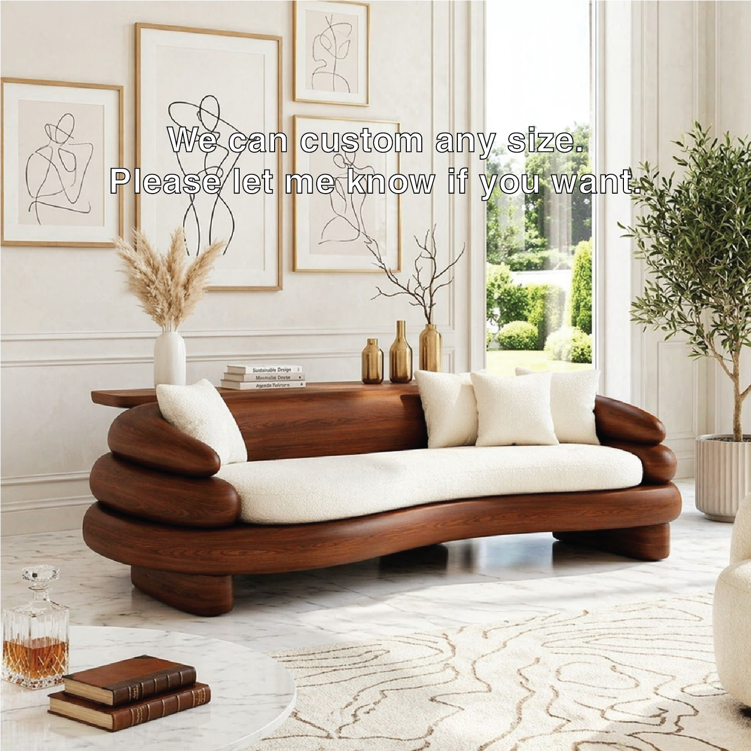 Organic Modern Wooden Sofa, Sculptural Curved Statement Couch with Cream Cushions
