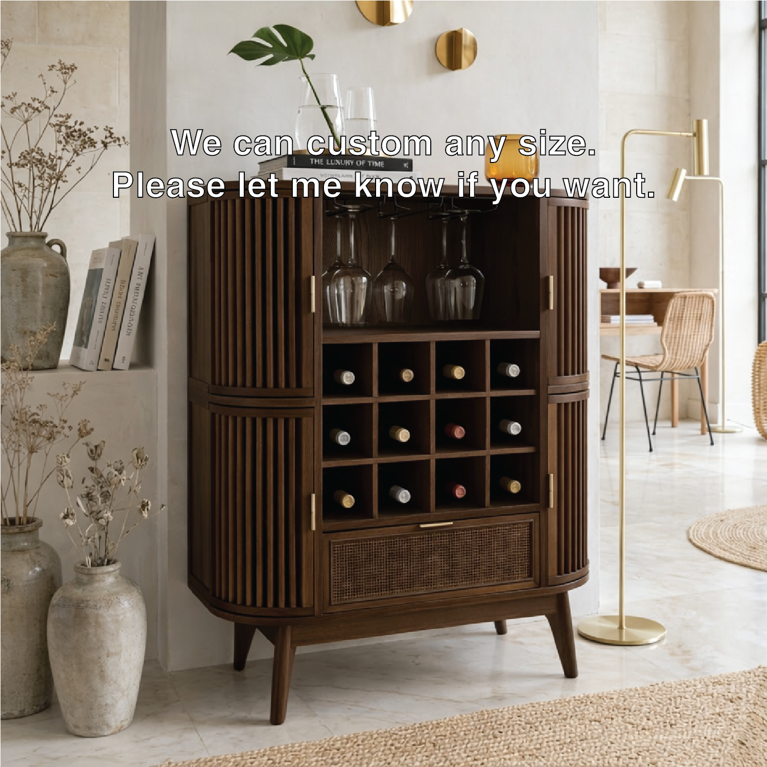 Contemporary Wooden Bar Cabinet, Fluted Entertaining Console with Glassware Storage