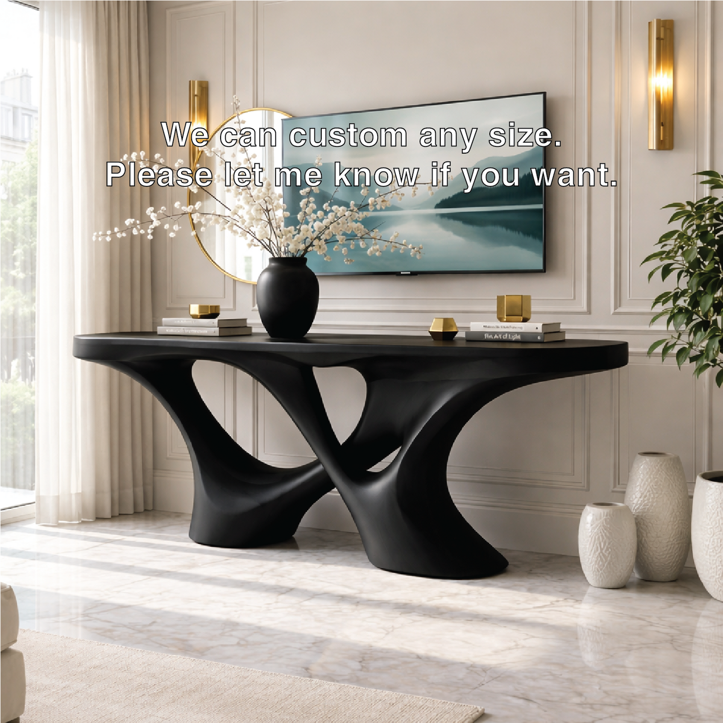 Solid Wood Console Table with Sculpted Curved Base, Artistic Modern Design
