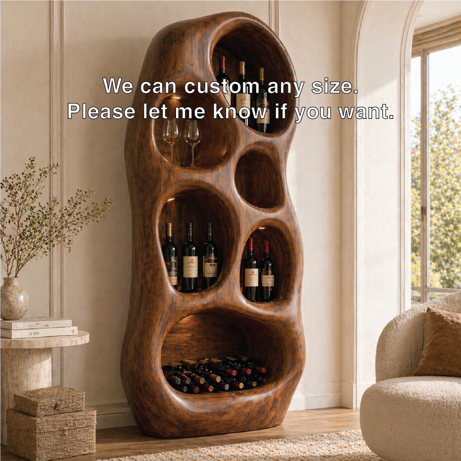 Sculptural Tall Wine Cabinet Freestanding Bottle Display Modern Bar Storage Shelf Unit