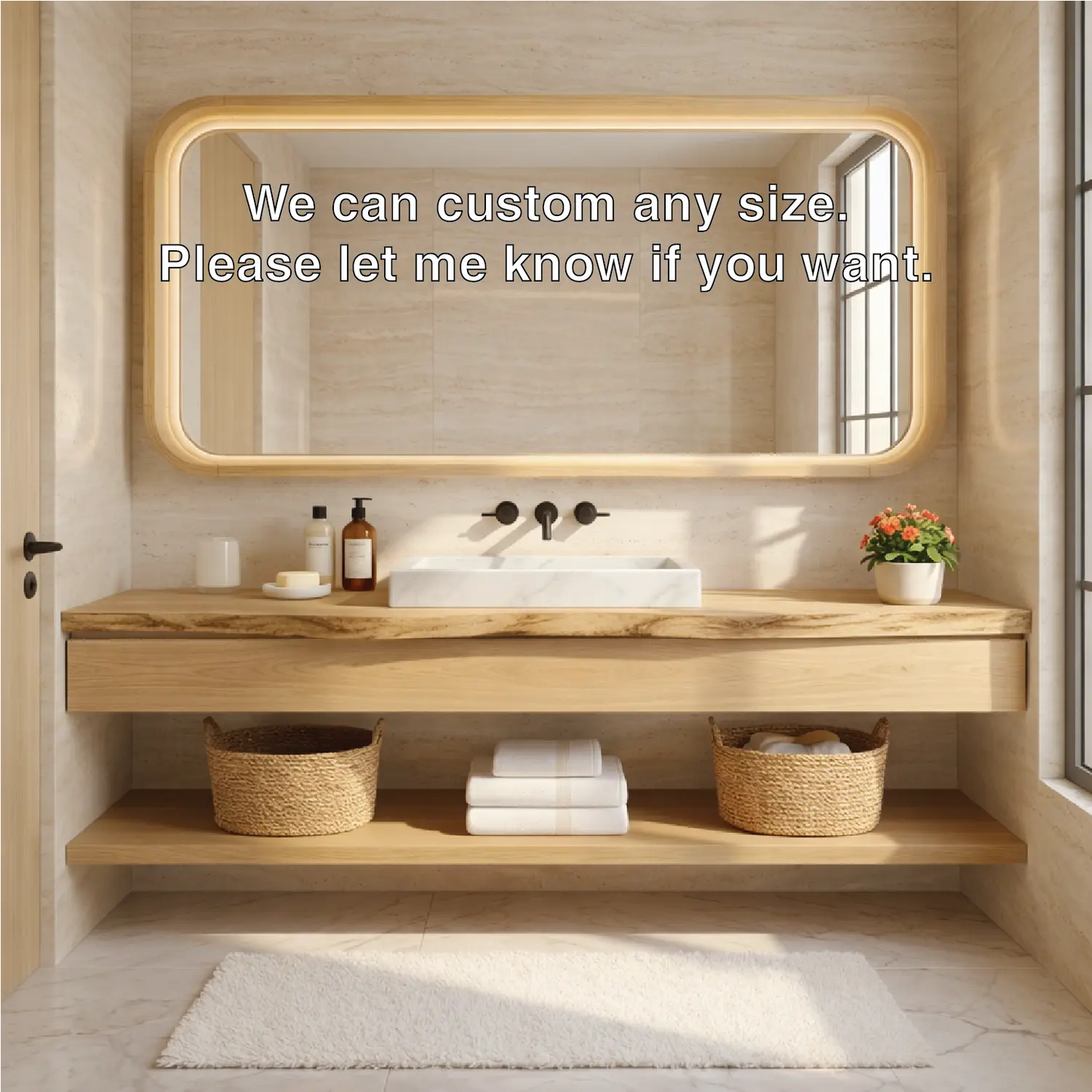 Natural Wood Floating Vanity with Round Mirror and Black Faucets Kitchnce