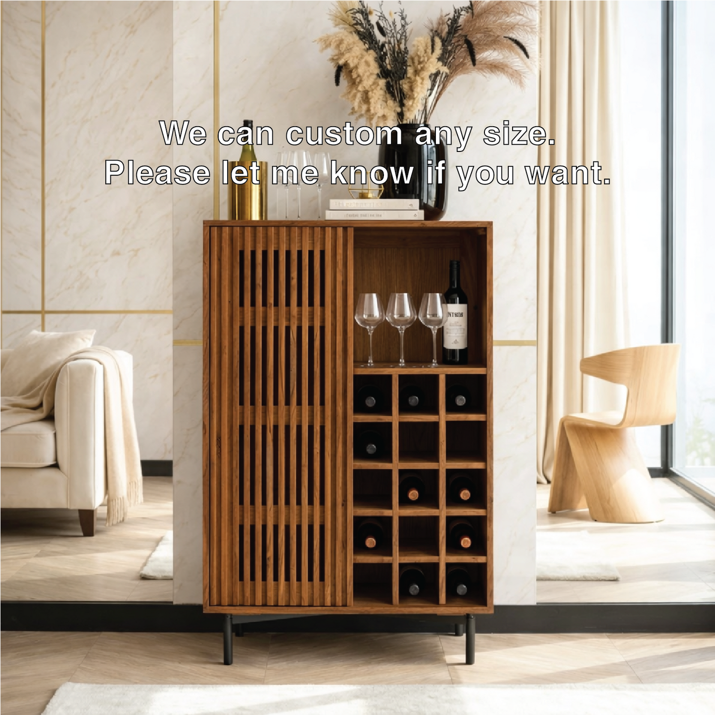 Premium Modern Fluted Wooden Bar Cabinet, Wine Storage Glassware Display Console