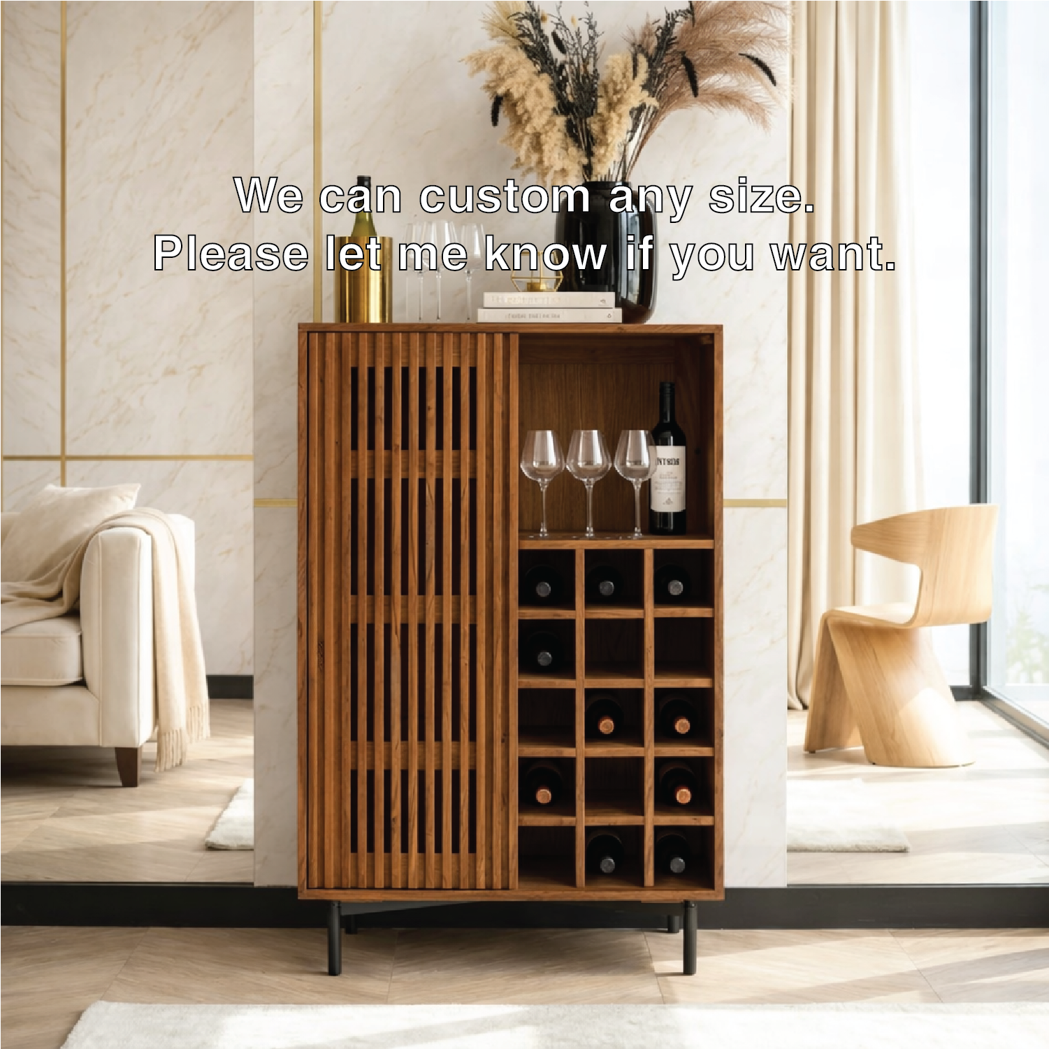 Premium Modern Fluted Wooden Bar Cabinet, Wine Storage Glassware Display Console