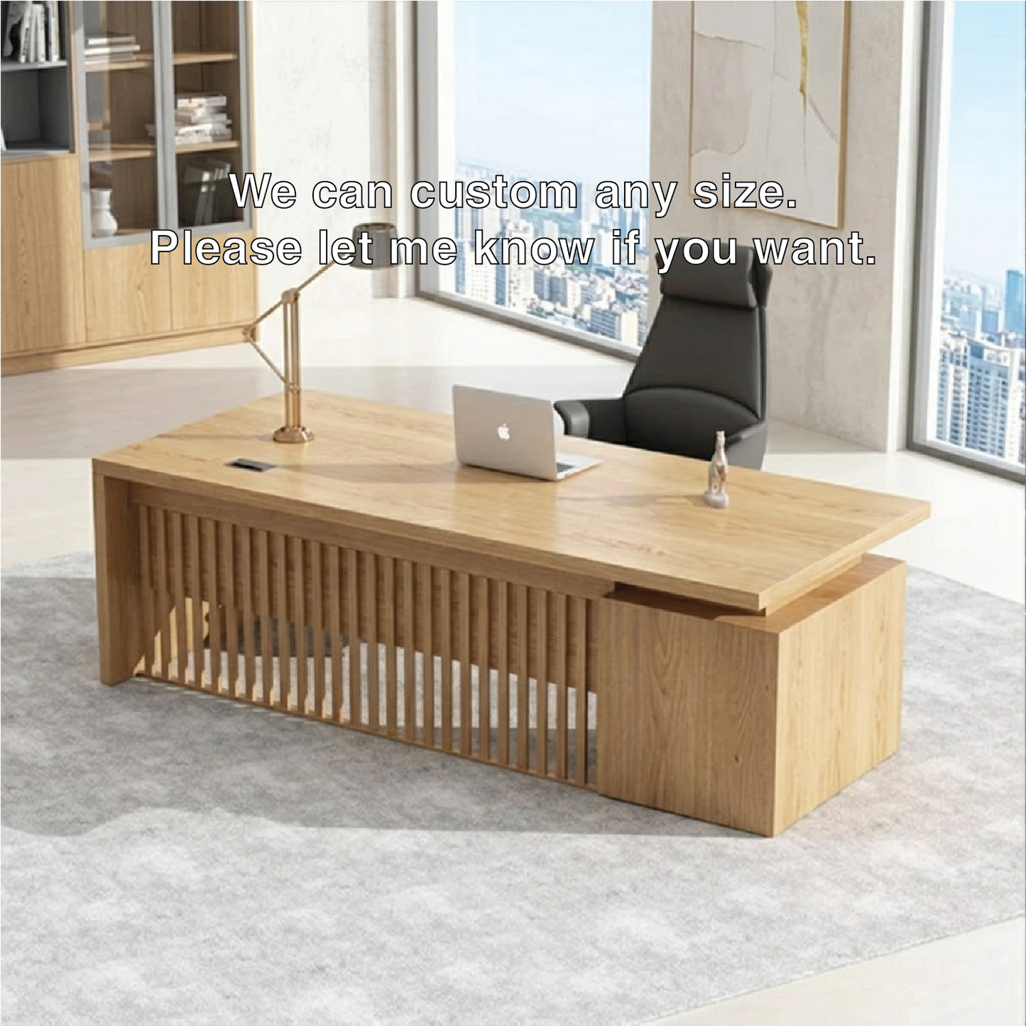 Modern Executive Desk with Slatted Panel Base, Minimalist Home Office Workstation Desk