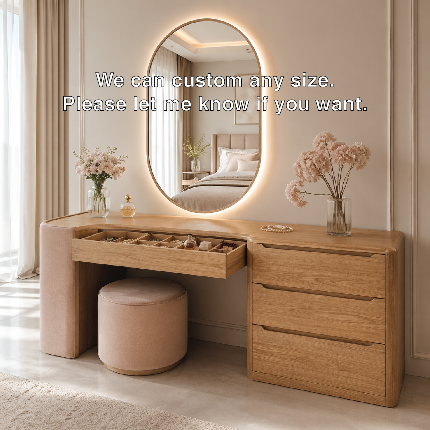 Modern Makeup Vanity Desk With LED Mirror Drawers Dressing Table Bedroom Storage Set