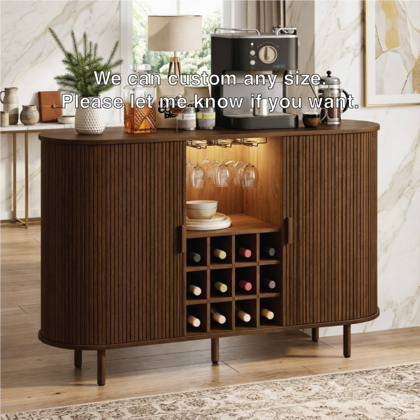 Contemporary Fluted Wooden Bar Cabinet, Coffee Station Sideboard with Wine Storage