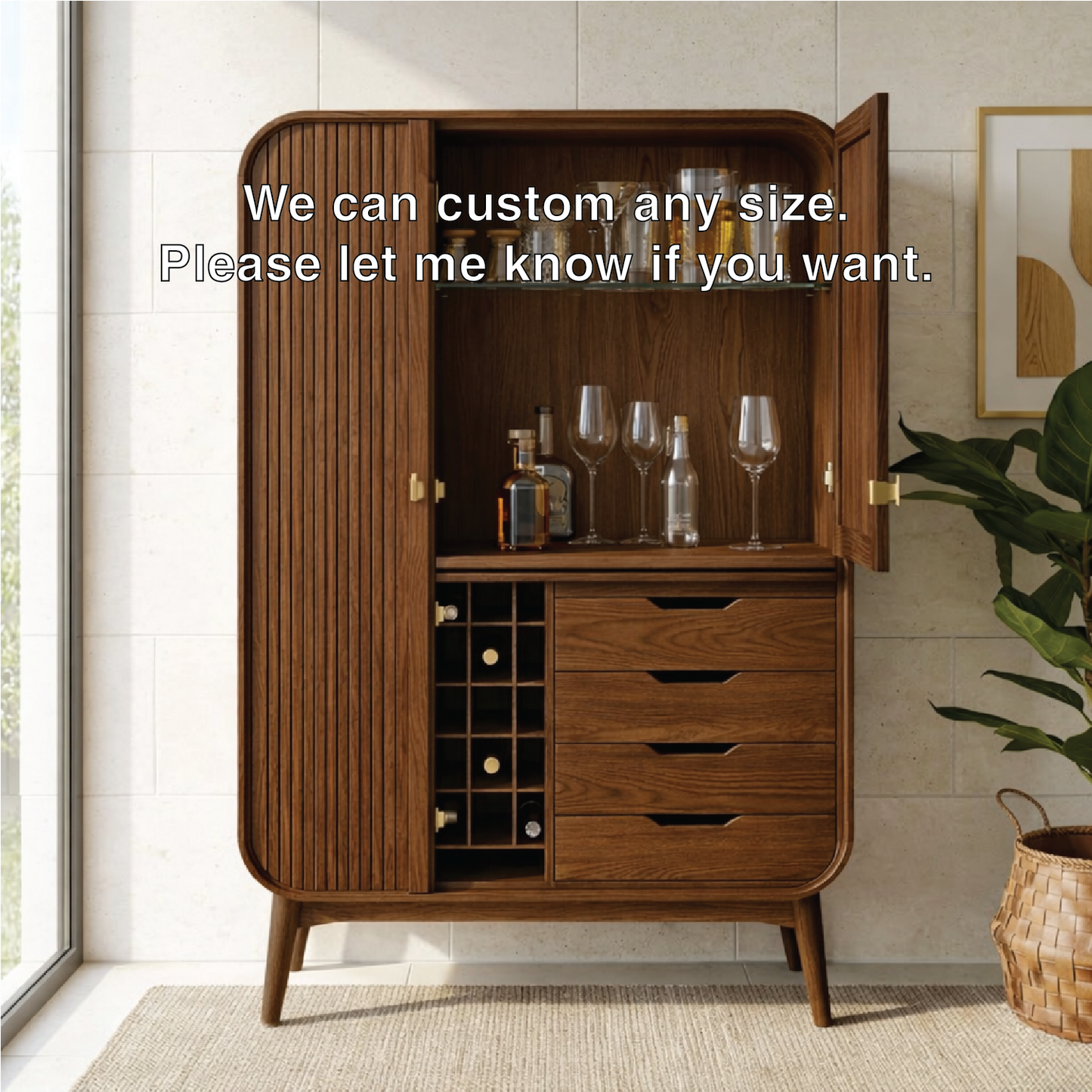 Modern Fluted Bar Cabinet with Wine Rack Drawers and Glass Display Storage