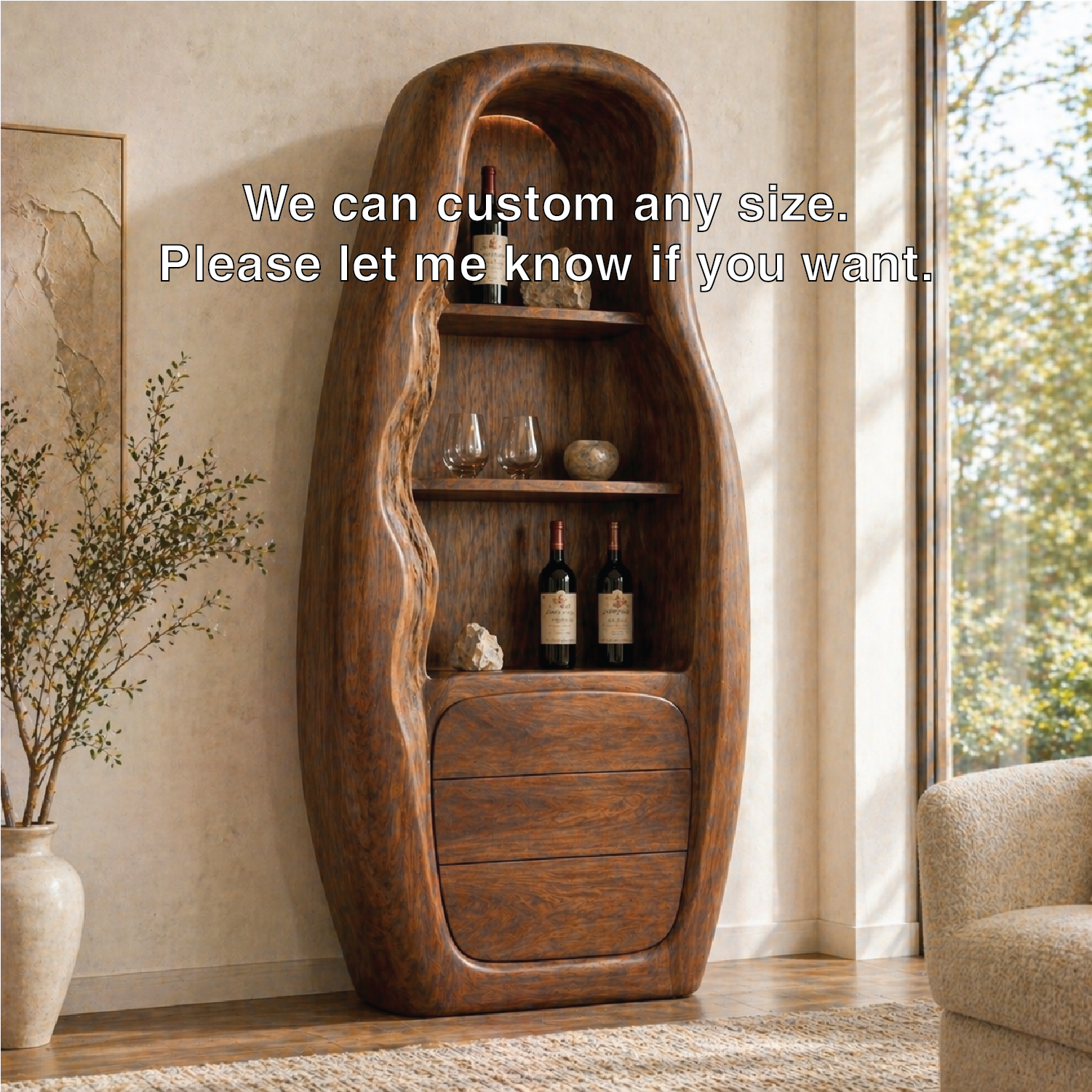 Sculptural Tall Wine Cabinet Freestanding Bar Storage Display Shelves With Drawers