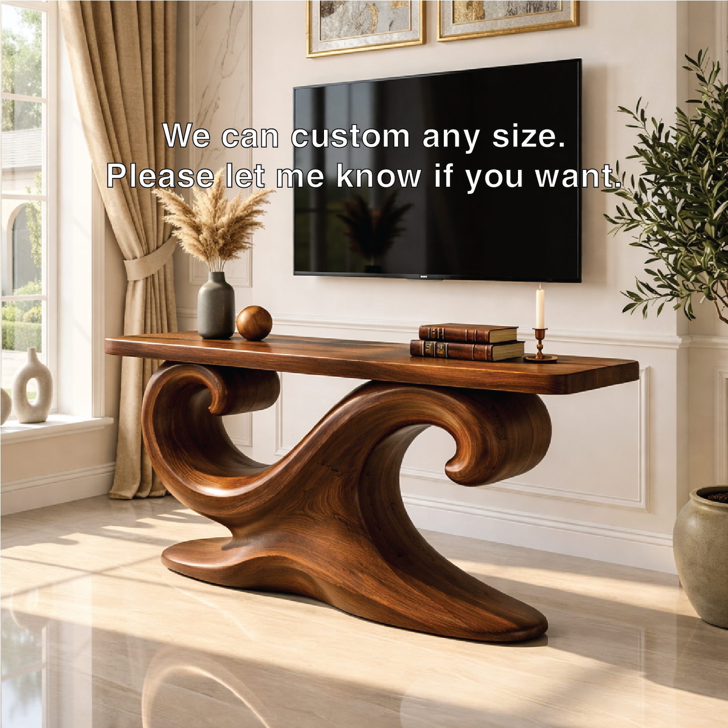 Solid Wood Console Table with Sculpted Curved Base, Artistic Modern Design