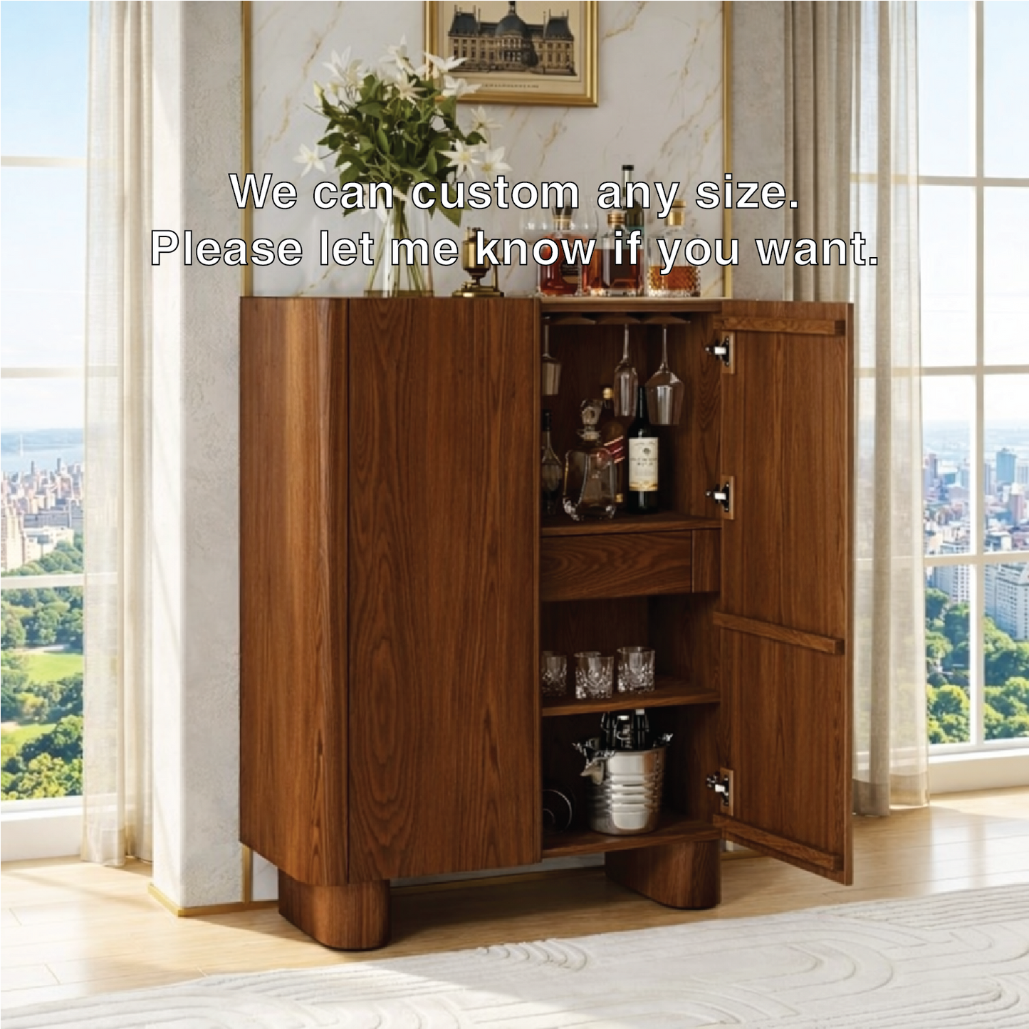 Modern Bar Cabinet with Wine Glass Holder and Concealed Liquor Storage