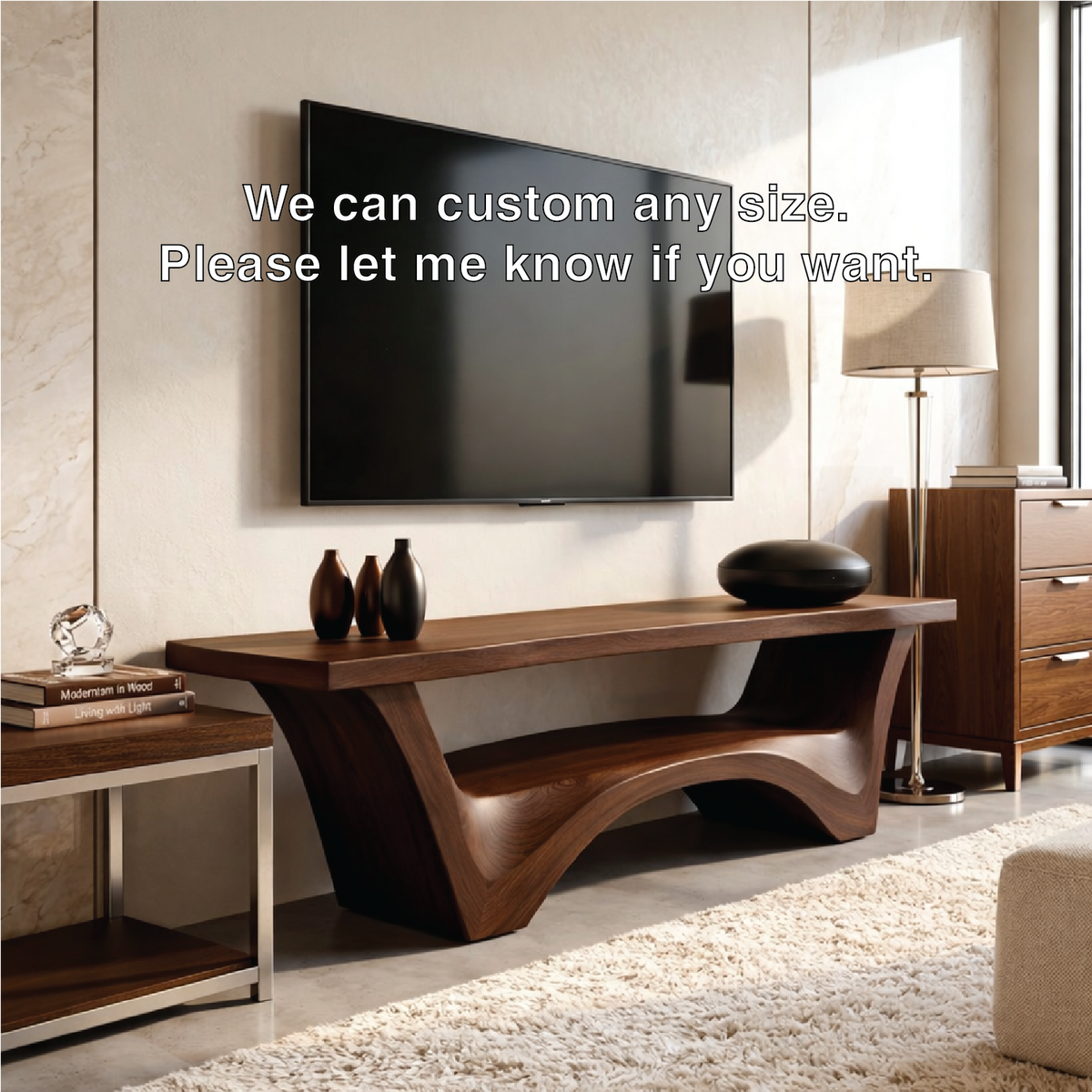Solid Wood TV Stand with Sculptural Base, Modern Open Media Console