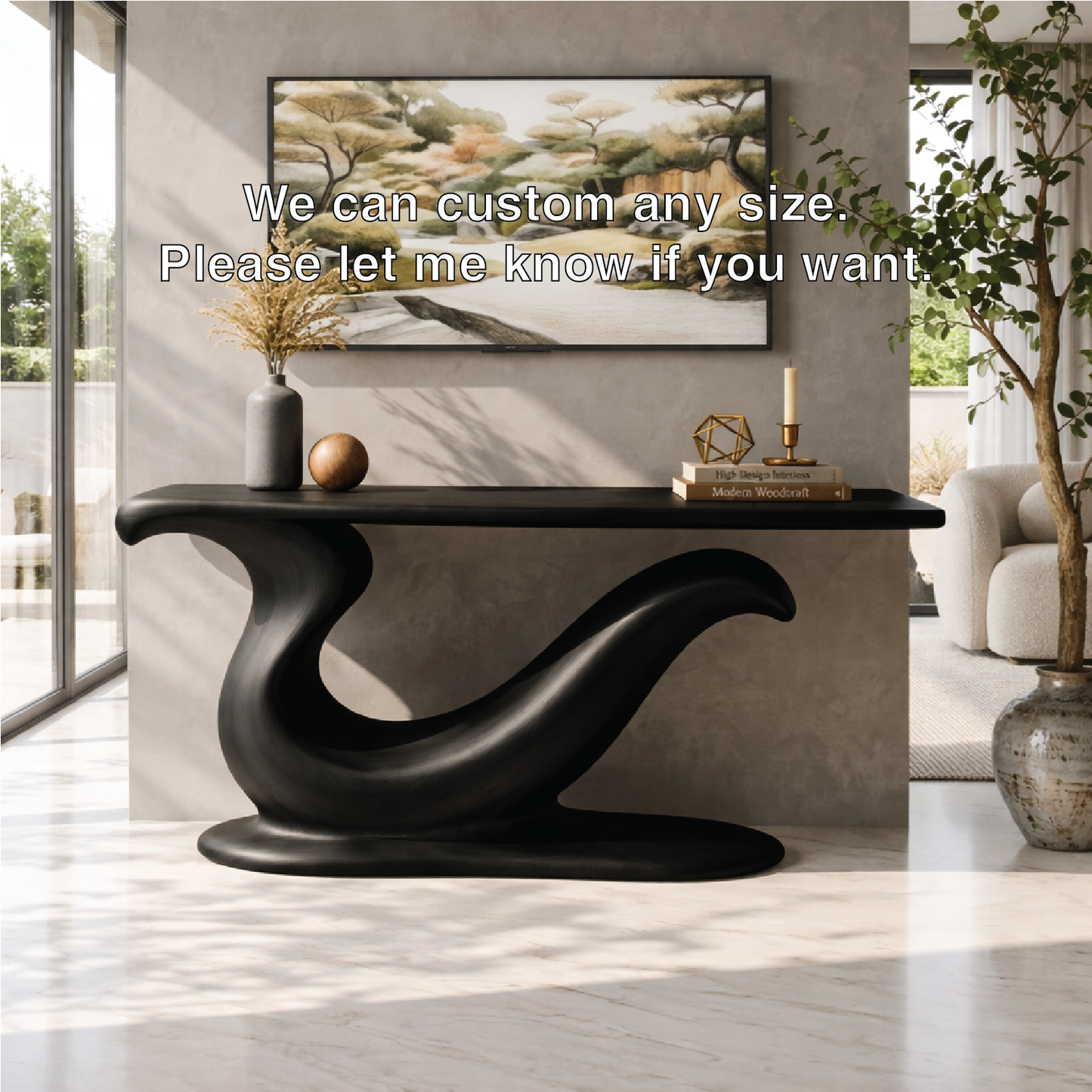 Solid Wood Console Table with Sculpted Curved Base, Modern Artistic Design