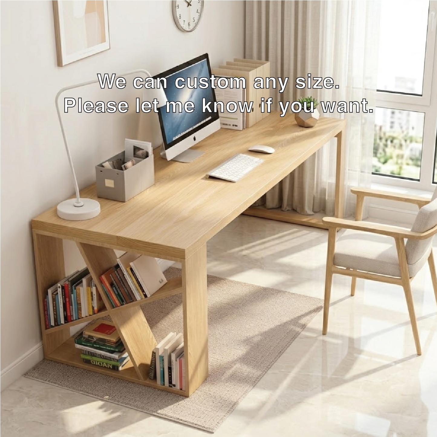 Modern Writing Desk with Bookshelf Base, Long Minimalist Home Office Workstation Table