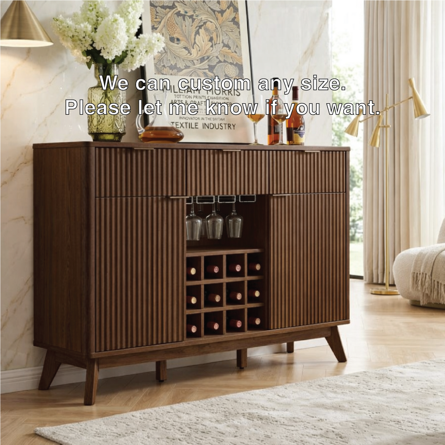 Contemporary Fluted Wooden Bar Cabinet, Wine Storage Sideboard with Glassware Rack