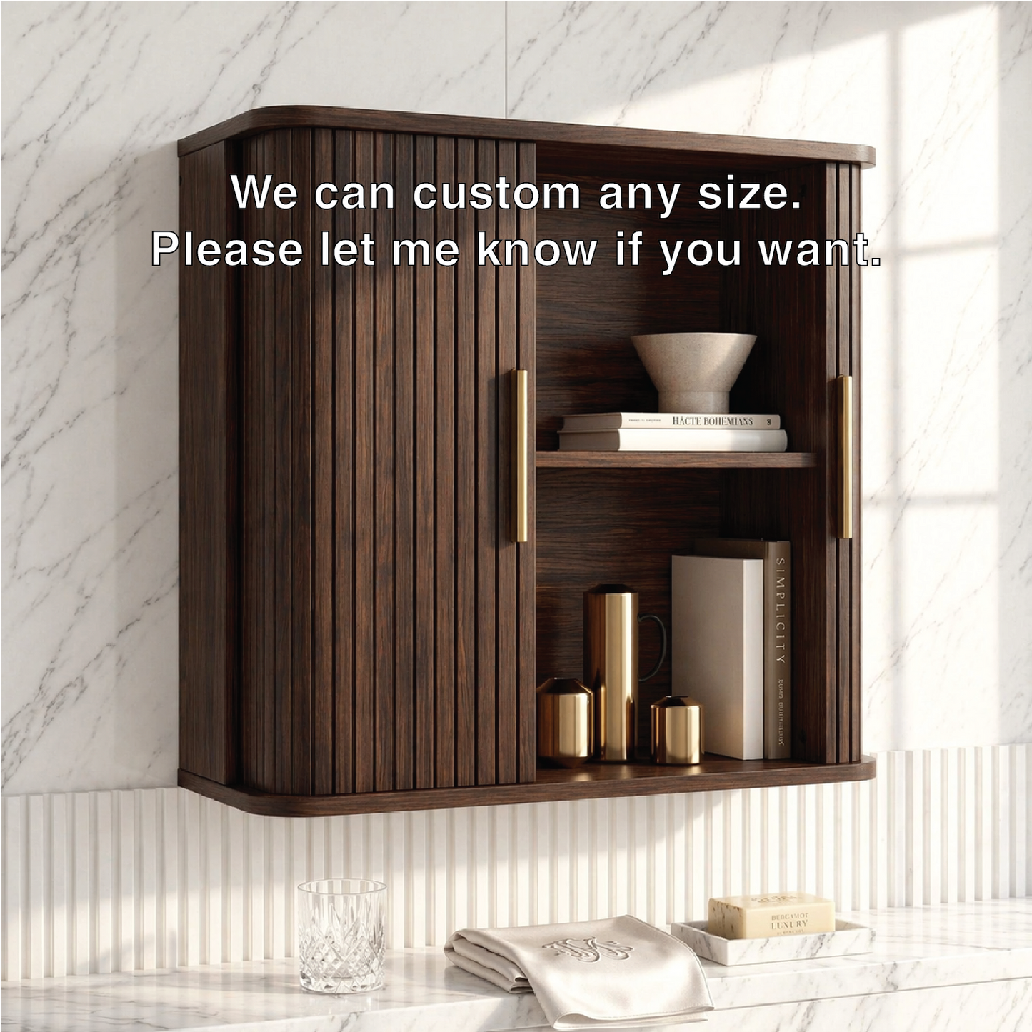 Floating Bathroom Cabinet, Modern Slatted Wall Mounted Vanity Storage Organizer Shelf