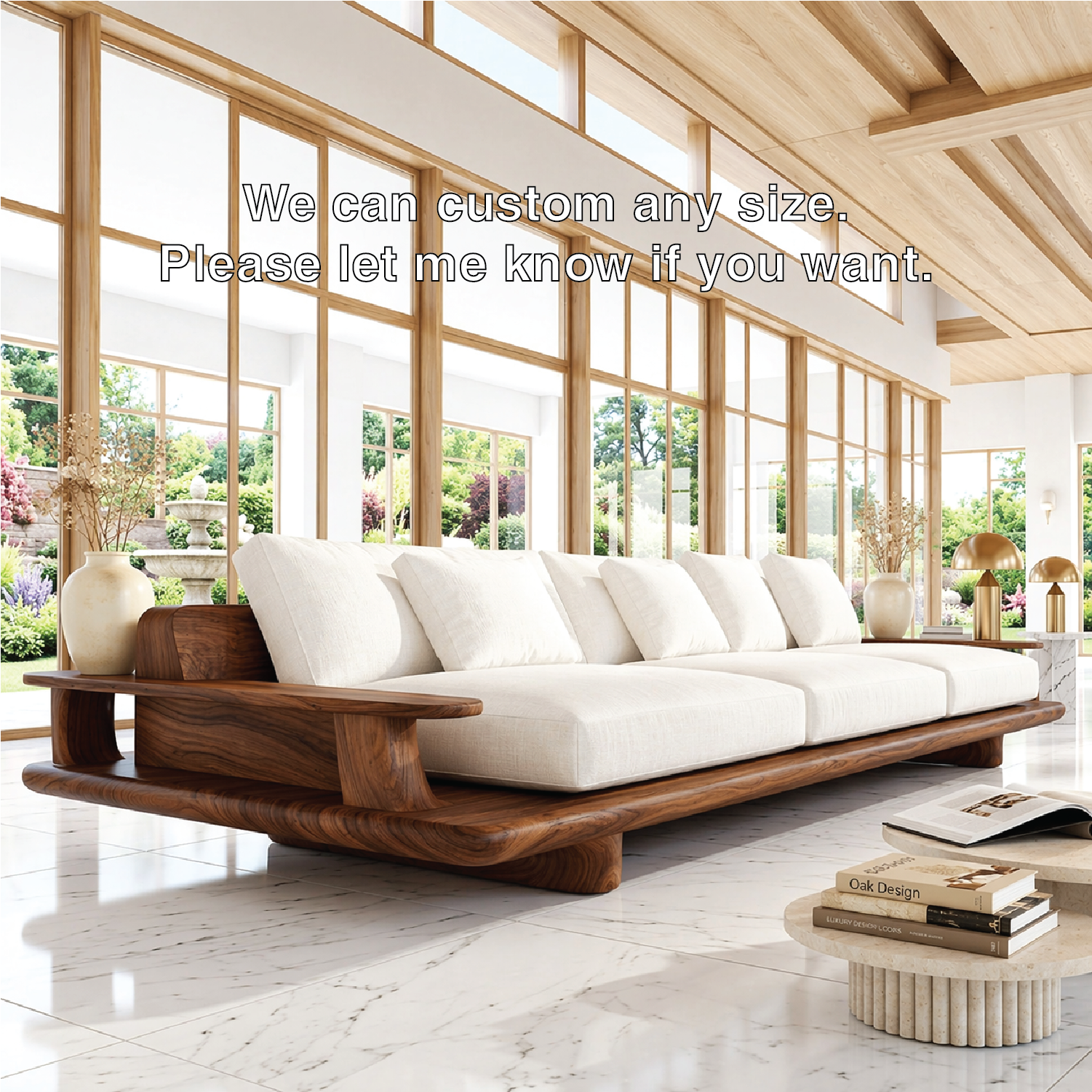 Modern Wooden Platform Sofa, Luxury Minimalist Couch with Integrated Side Tables