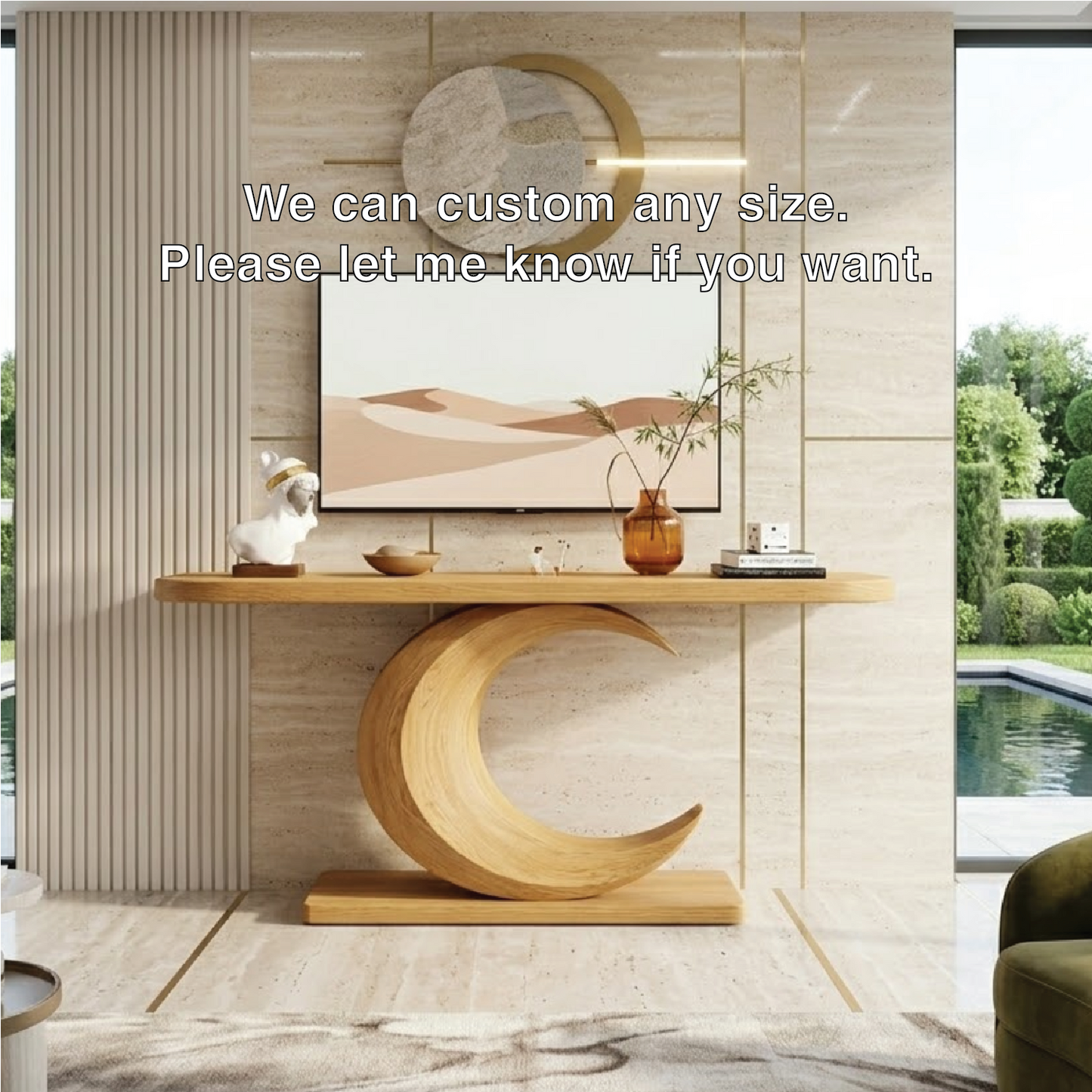 Solid Wood Console Table with Sculpted Crescent Base, Modern Artistic Design