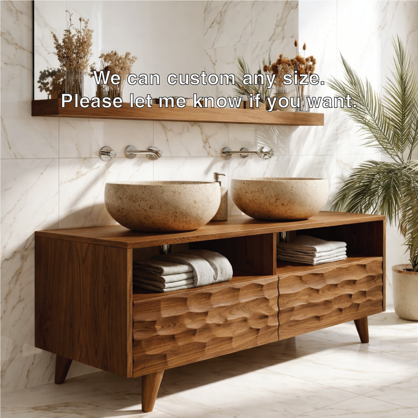 Modern Solid Wood Double Bathroom Vanity with Open Storage and Textured Drawers
