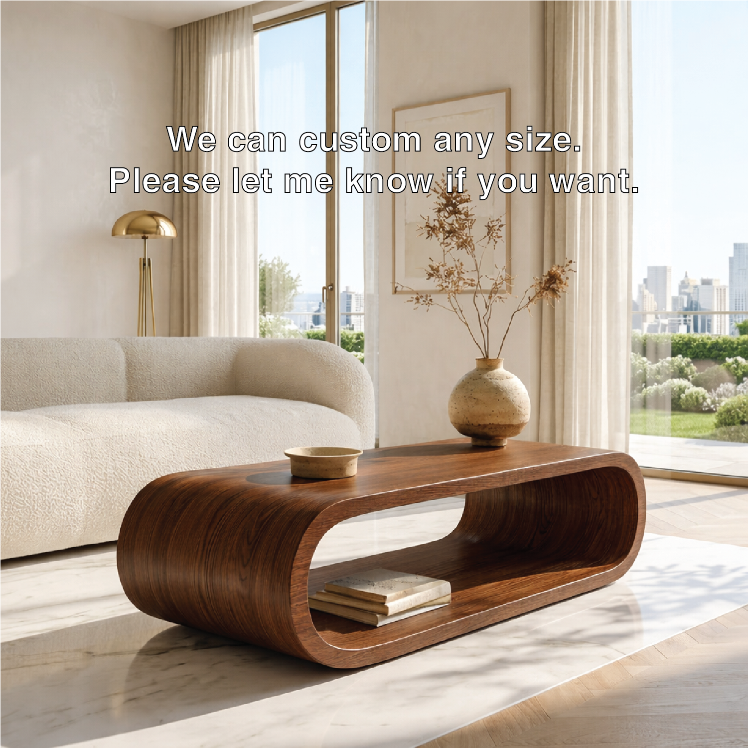 Modern Curved Coffee Table with Open Shelf for Contemporary Minimalist Interiors
