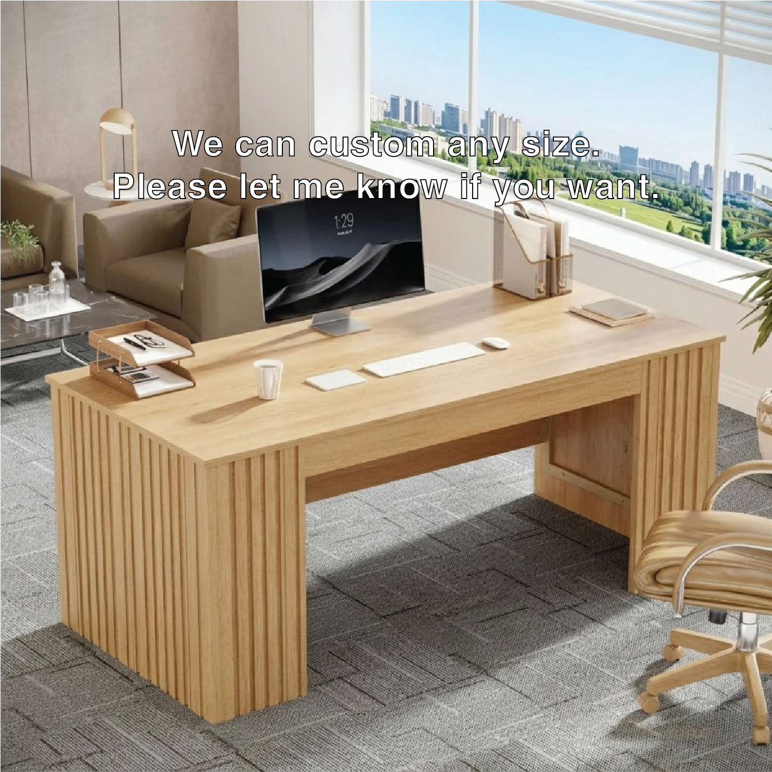 Modern Fluted Executive Desk, Large Minimalist Home Office Workstation Writing Table