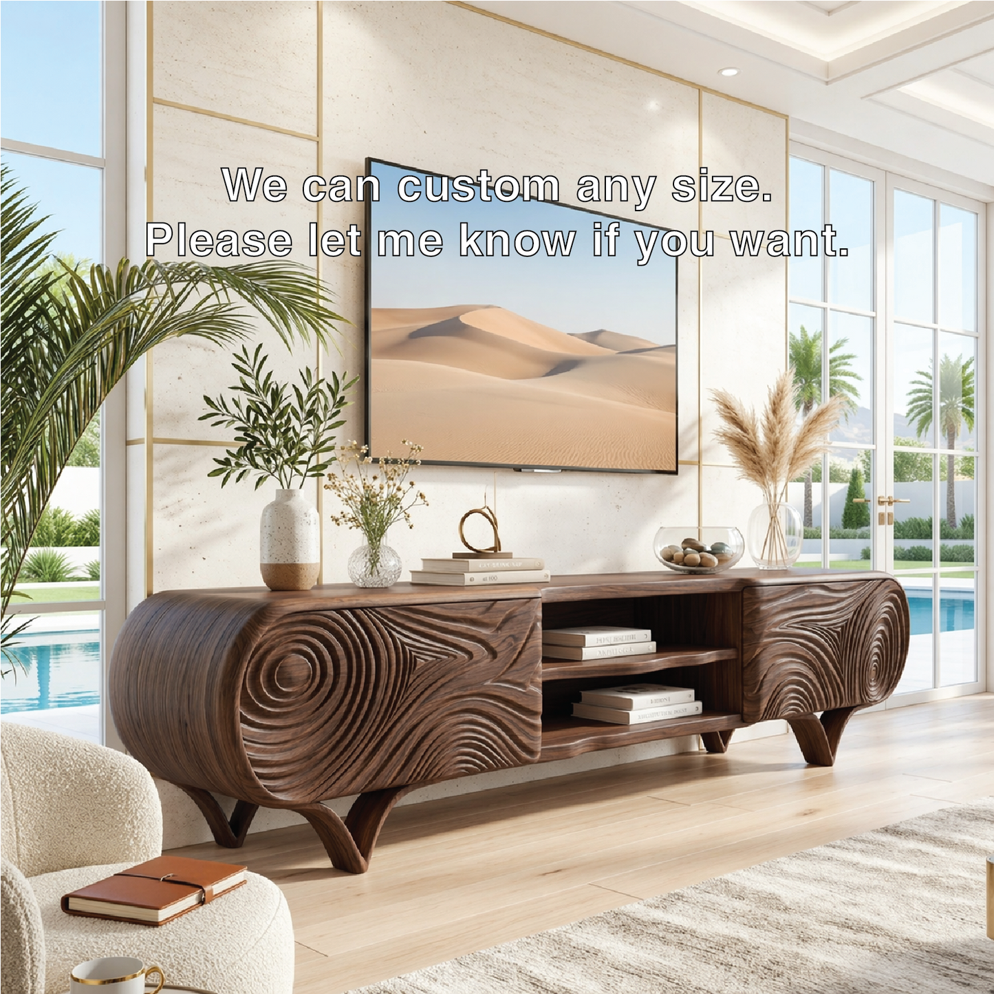 Modern Sculptural TV Console, Carved Storage Media Cabinet for Luxury Interiors
