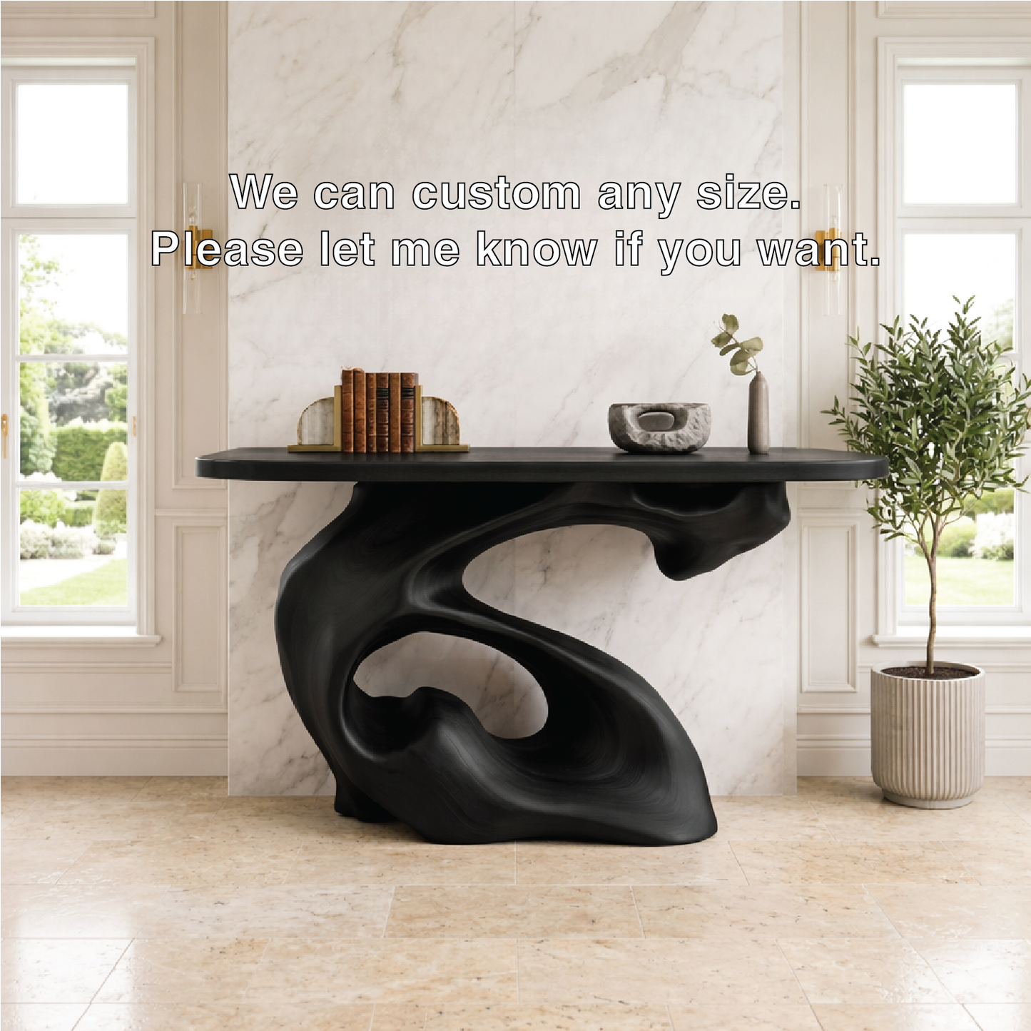 Solid Wood Console Table with Sculpted Organic Base, Artistic Modern Design