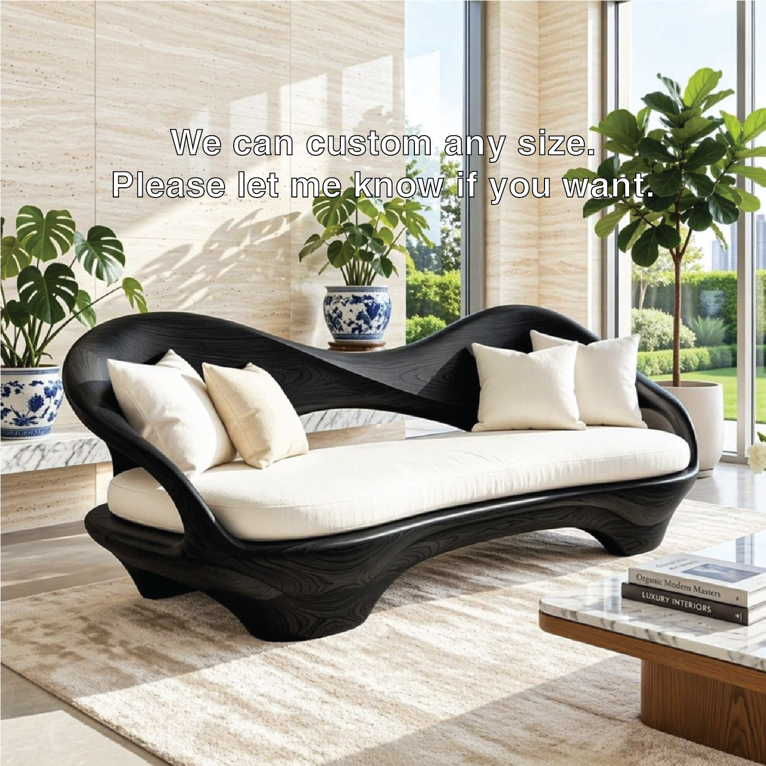 Organic Modern Wooden Sofa, Sculptural Statement Couch with Plush White Cushions