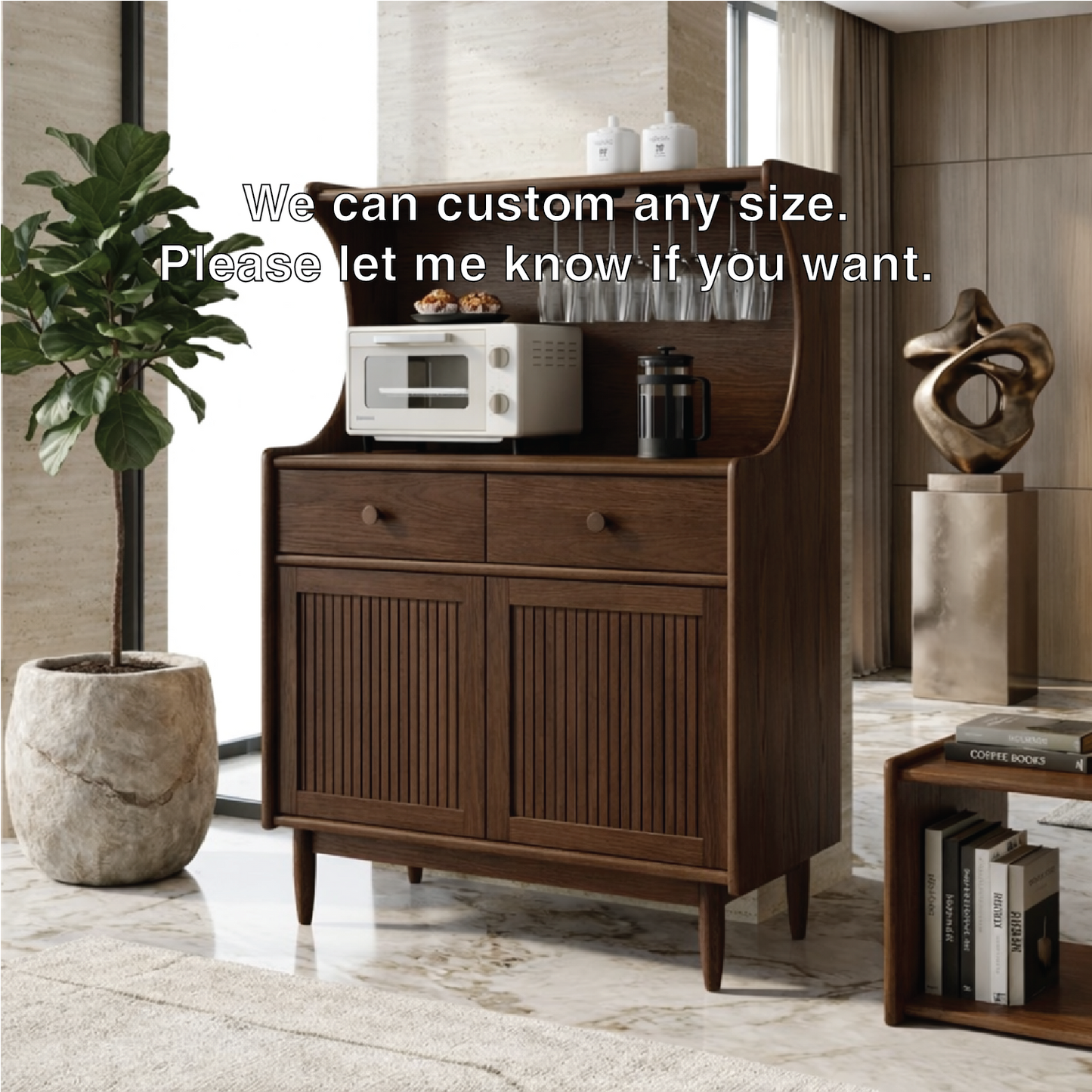 Contemporary Fluted Wooden Coffee-Bar Cabinet, Glassware Storage Entertaining Hutch